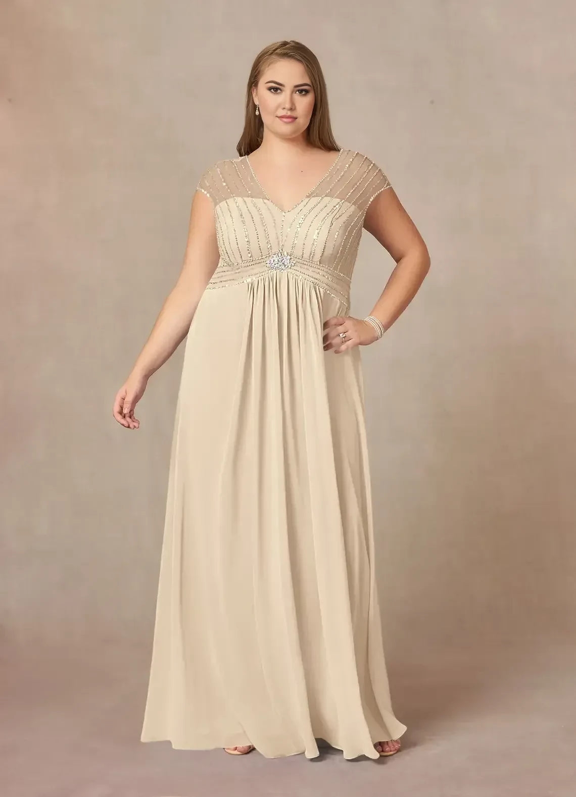 Elegant A Line V Neck Cap Sleeve Beaded Back Plus Size Floor Length Mother of the Bride Dress