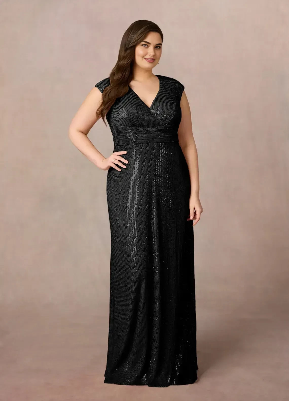 Elegant A Line V Neck Cap Sleeve Zipper Back Plus Size Floor Length Mother of the Bride Dress