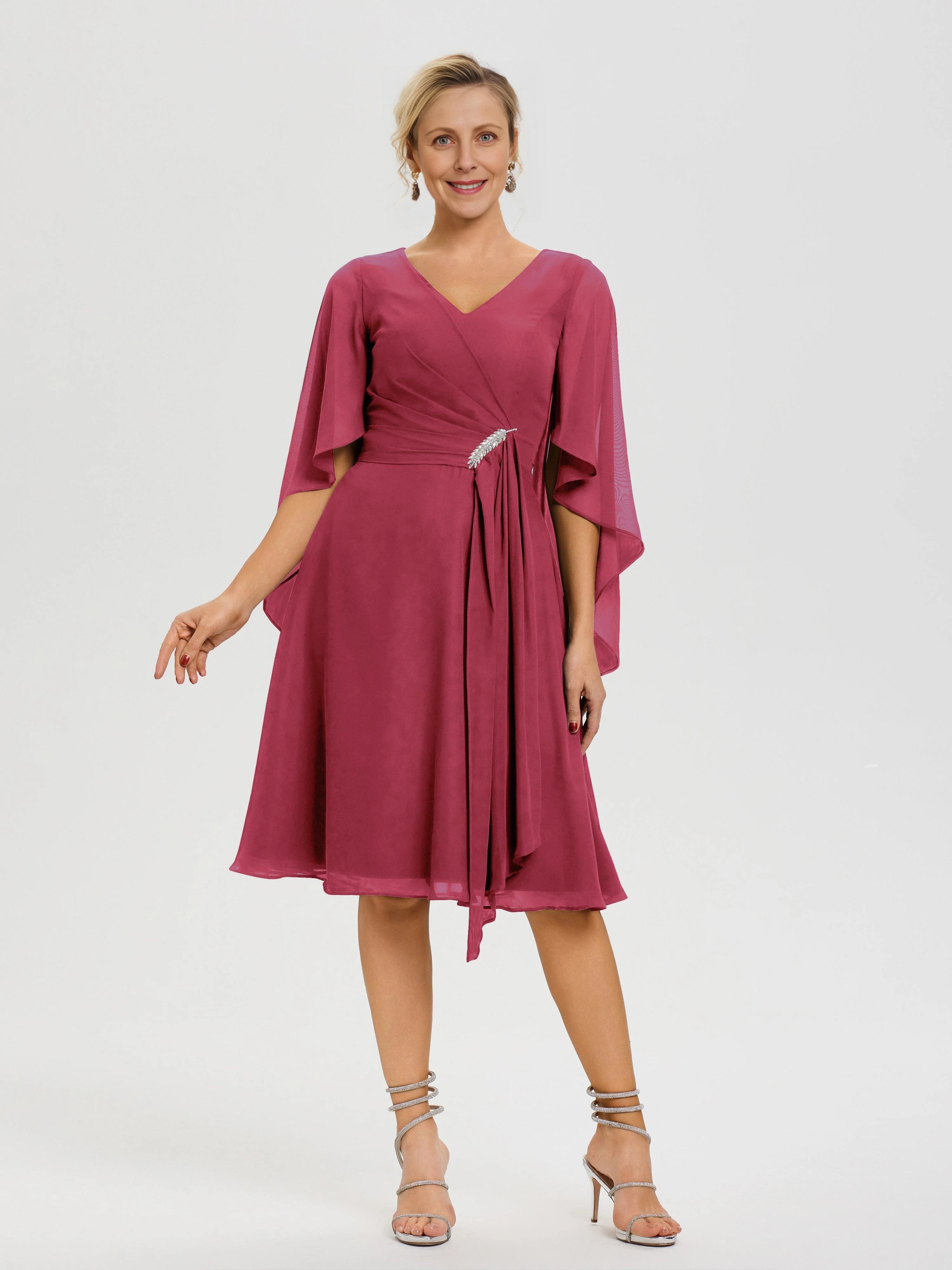 Elegant A Line V Neck Cape Sleeve Zip Back Knee Length Mother of the Bride Dress