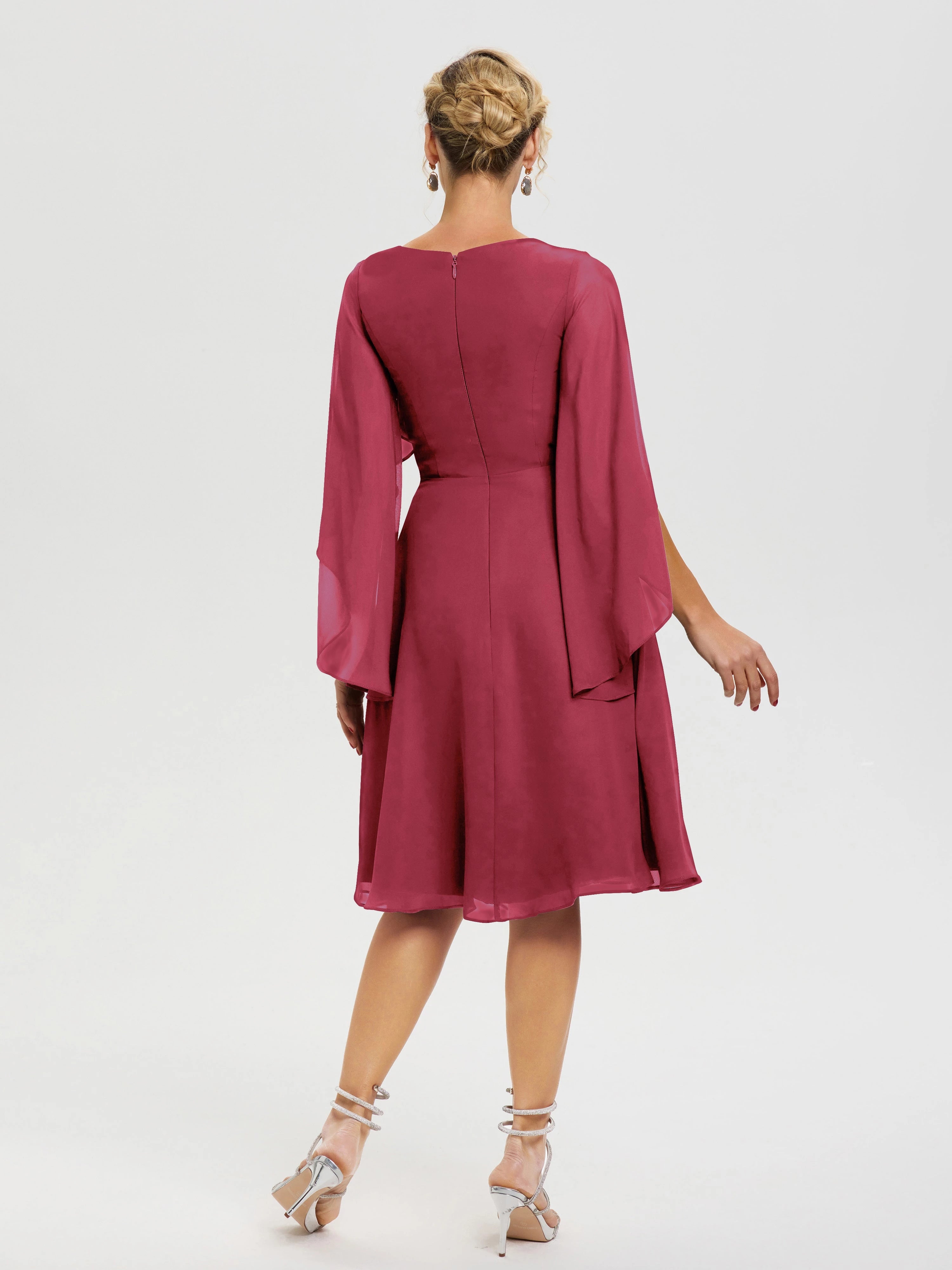 Elegant A Line V Neck Cape Sleeve Zip Back Knee Length Mother of the Bride Dress