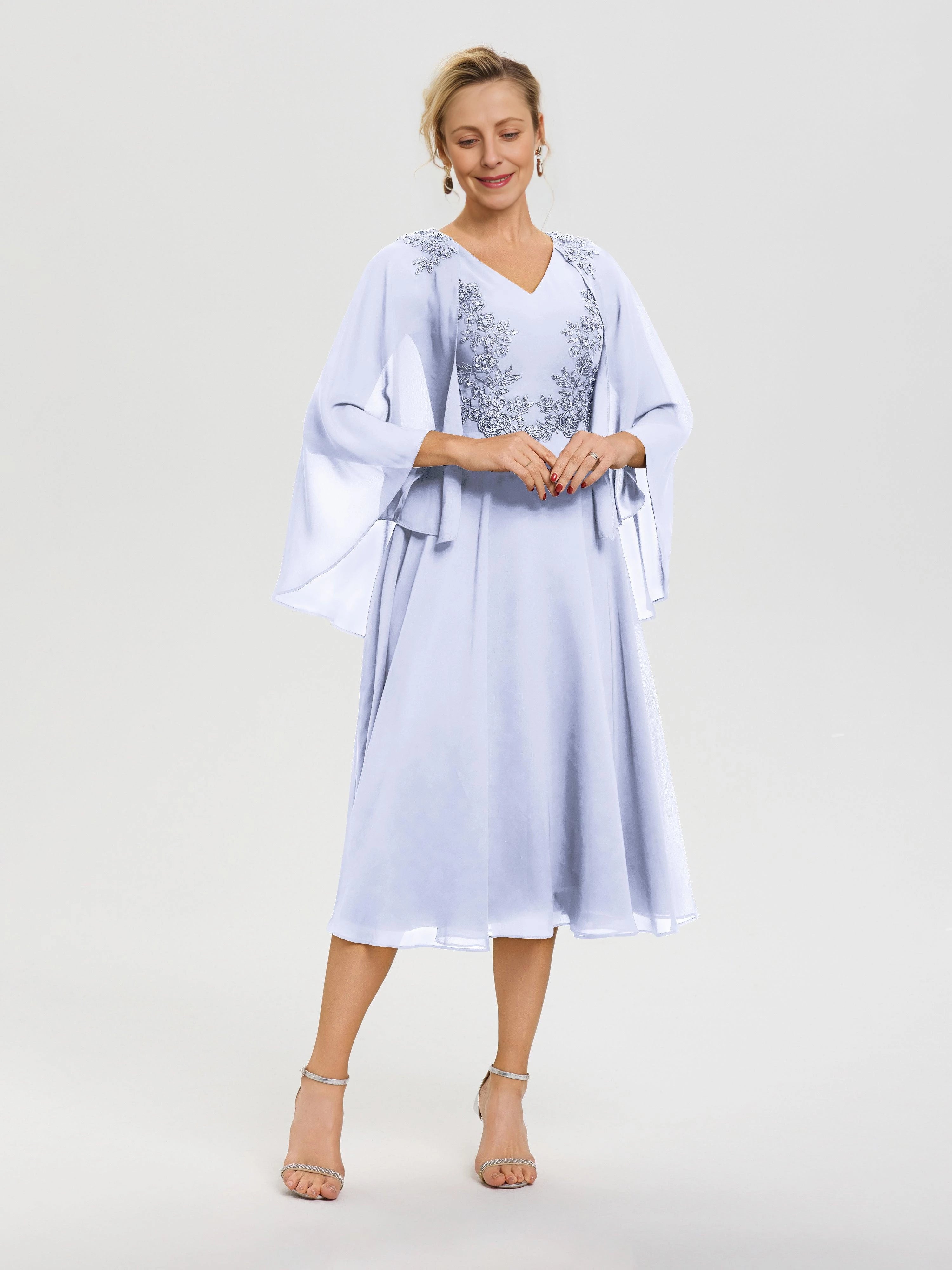 Elegant A Line V Neck Cape Sleeve Zip Back Midi Length Mother of the Bride Dress