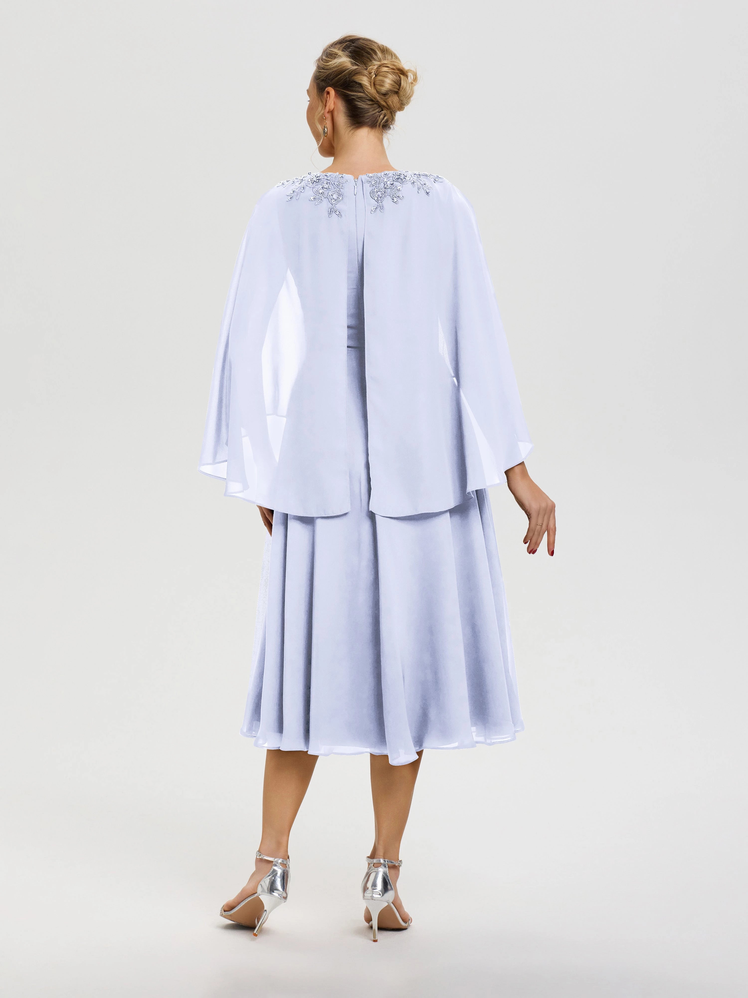 Elegant A Line V Neck Cape Sleeve Zip Back Midi Length Mother of the Bride Dress