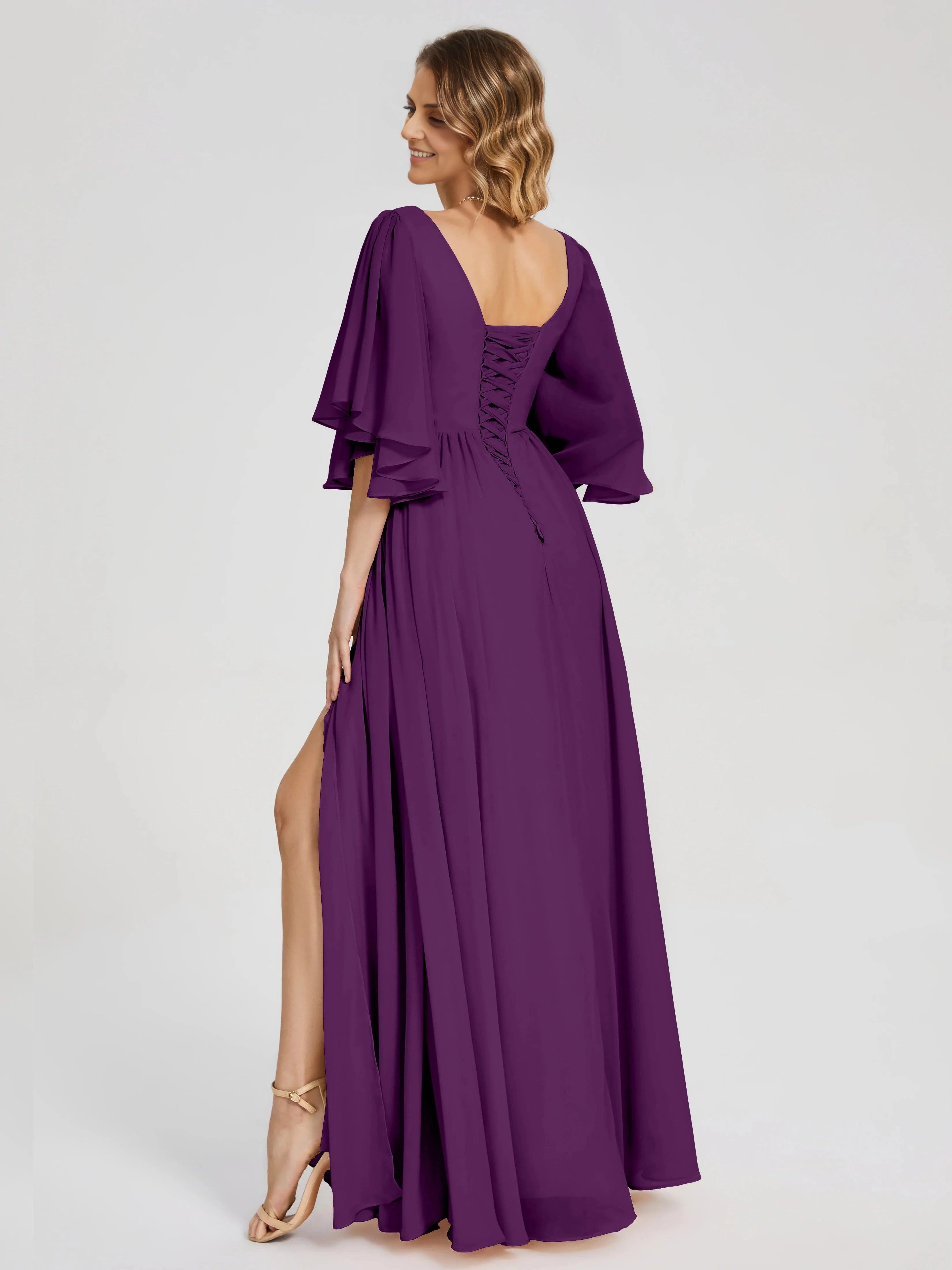 Elegant A Line V Neck Flutter Sleeve Lace Up Back Floor Length Mother of the Bride Dress