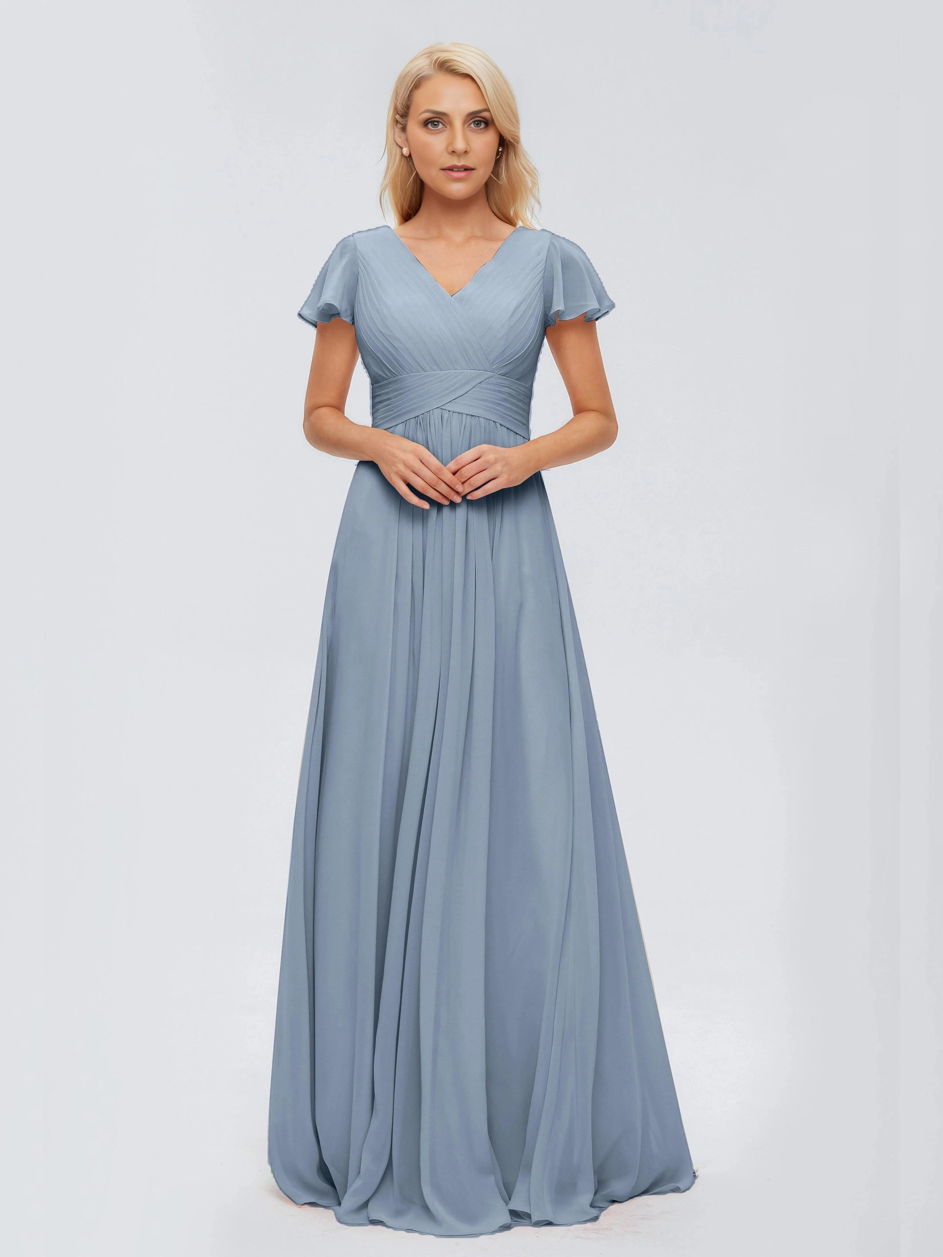 Elegant A Line V Neck Flutter Sleeve Open Back Floor Length Mother of the Bride Dress