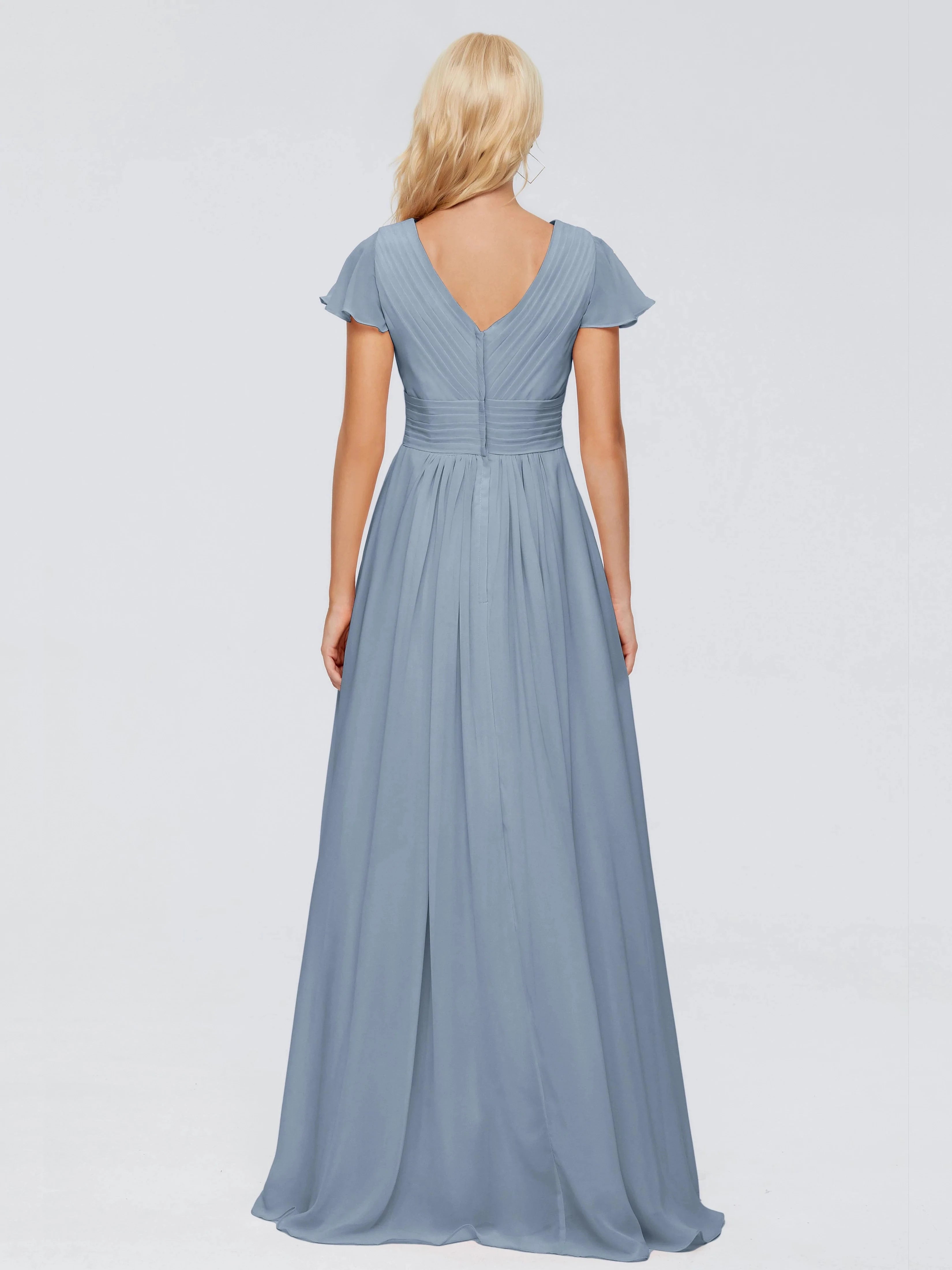 Elegant A Line V Neck Flutter Sleeve Open Back Floor Length Mother of the Bride Dress