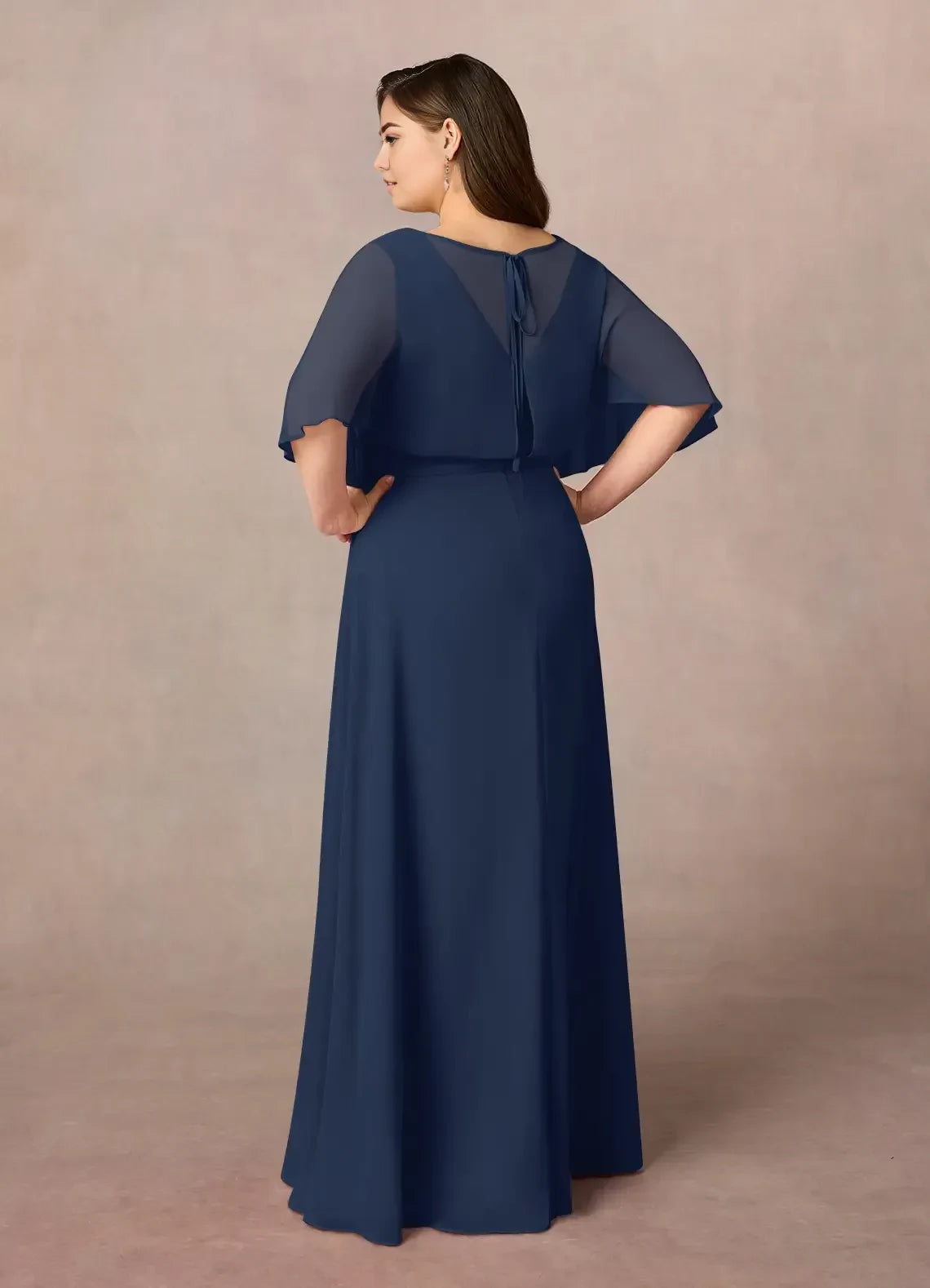Elegant A Line V Neck Flutter Sleeve Tie Back Plus Size Floor Length Mother of the Bride Dress