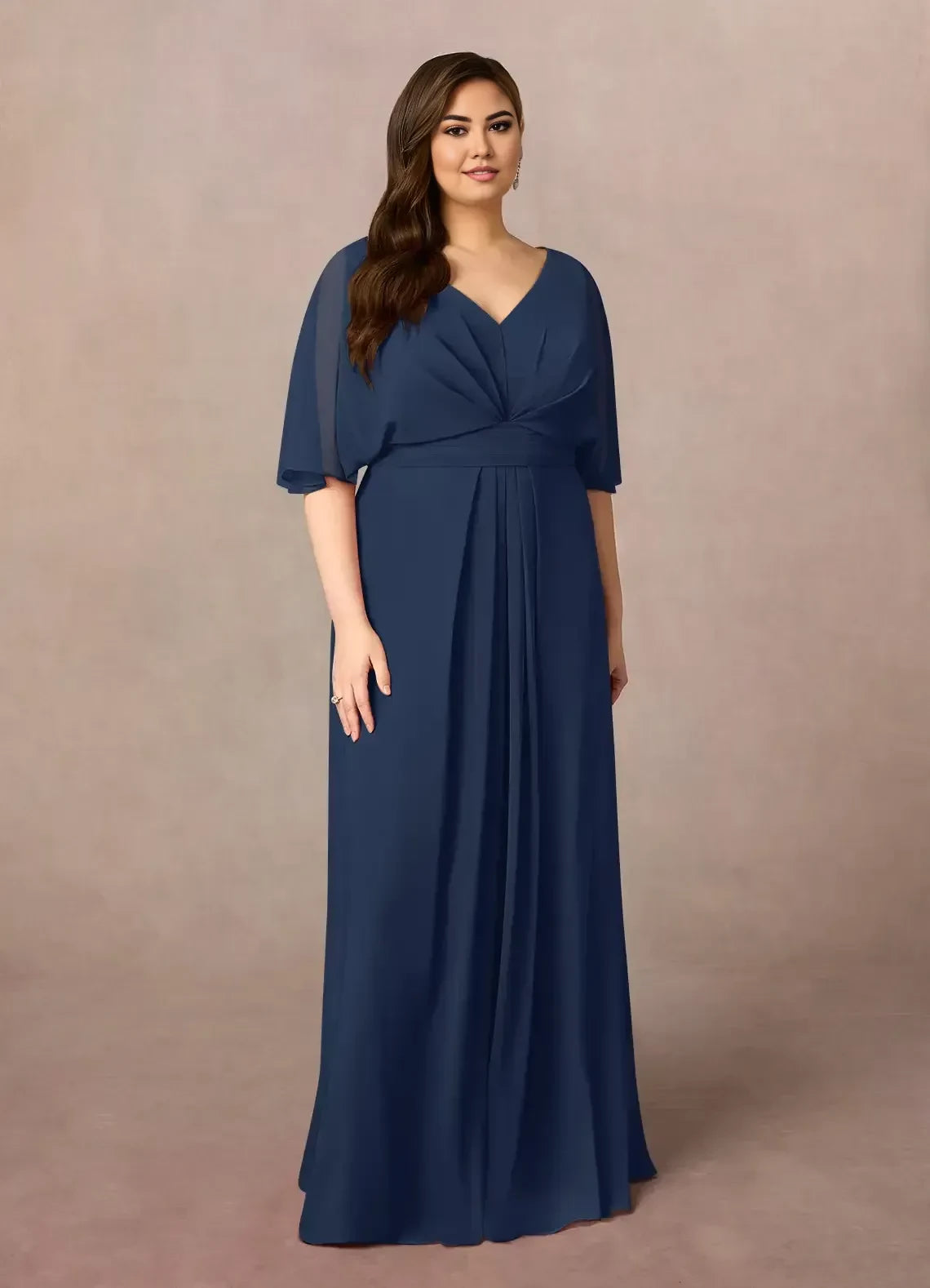 Elegant A Line V Neck Flutter Sleeve Tie Back Plus Size Floor Length Mother of the Bride Dress