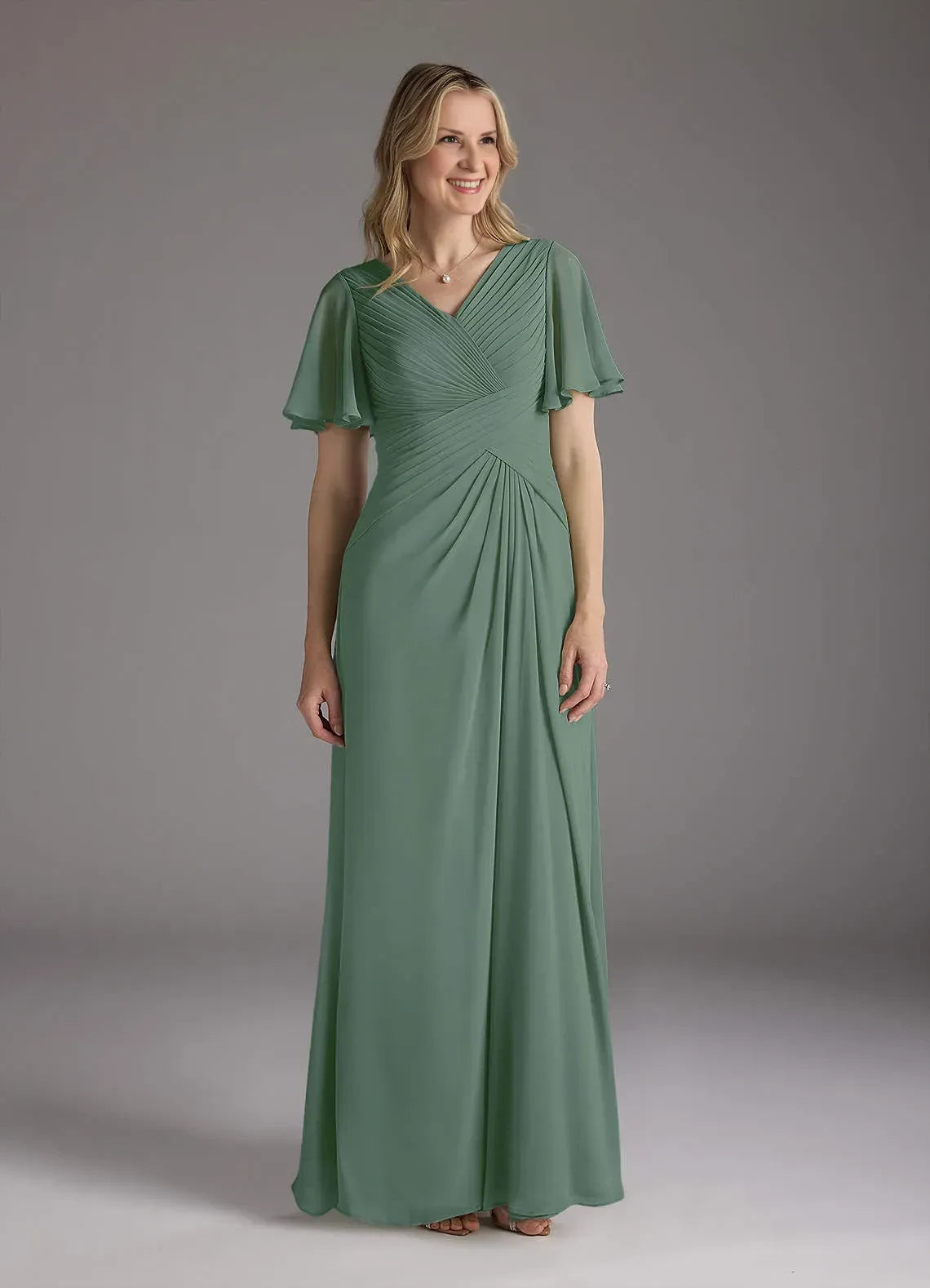 Elegant A - Line V Neck Flutter Sleeve Zip Back Floor Length Mother of the Bride Dress