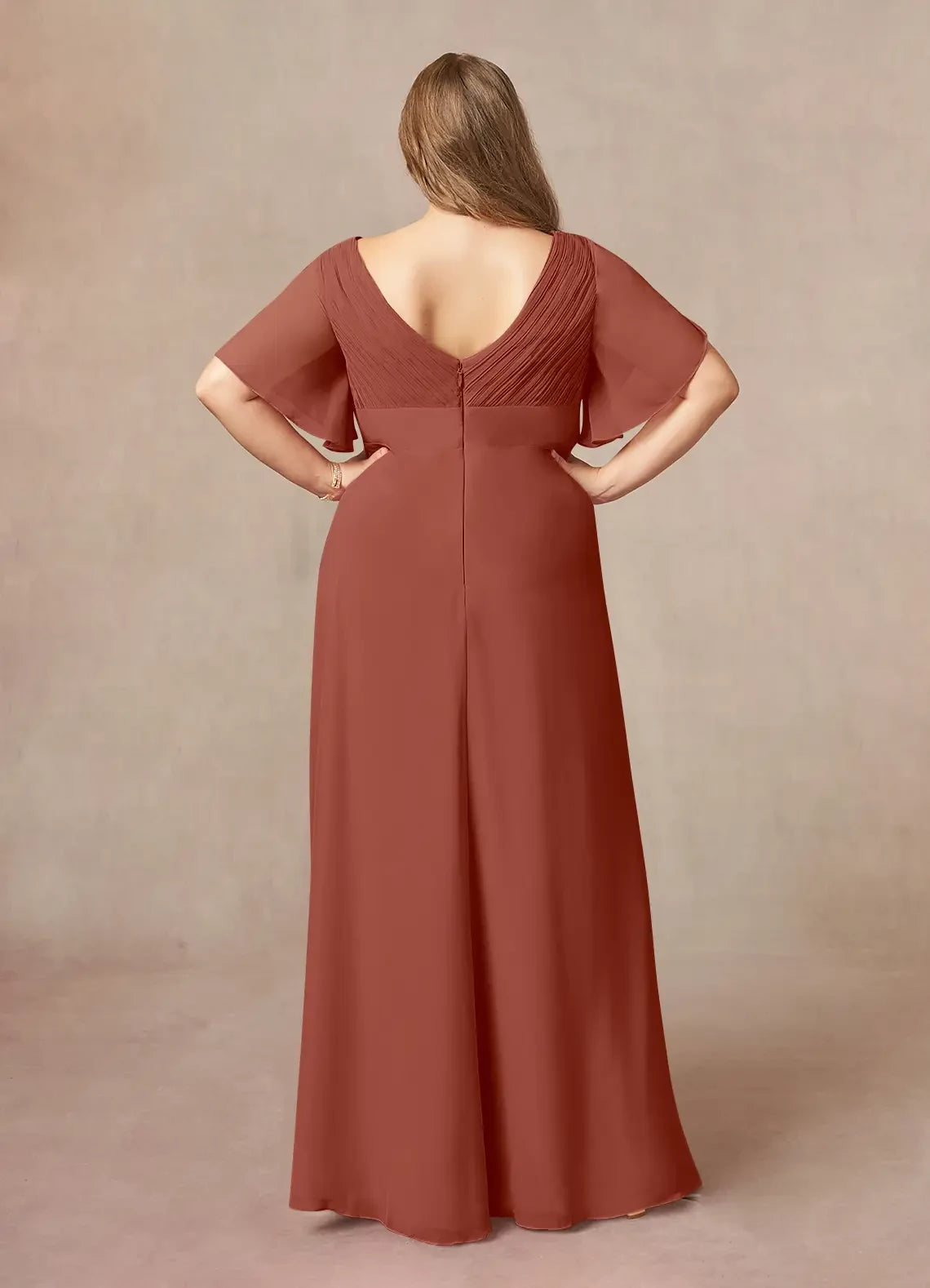 Elegant A Line V Neck Flutter Sleeve Zipper Back Plus Size Floor Length Mother of the Bride Dresses