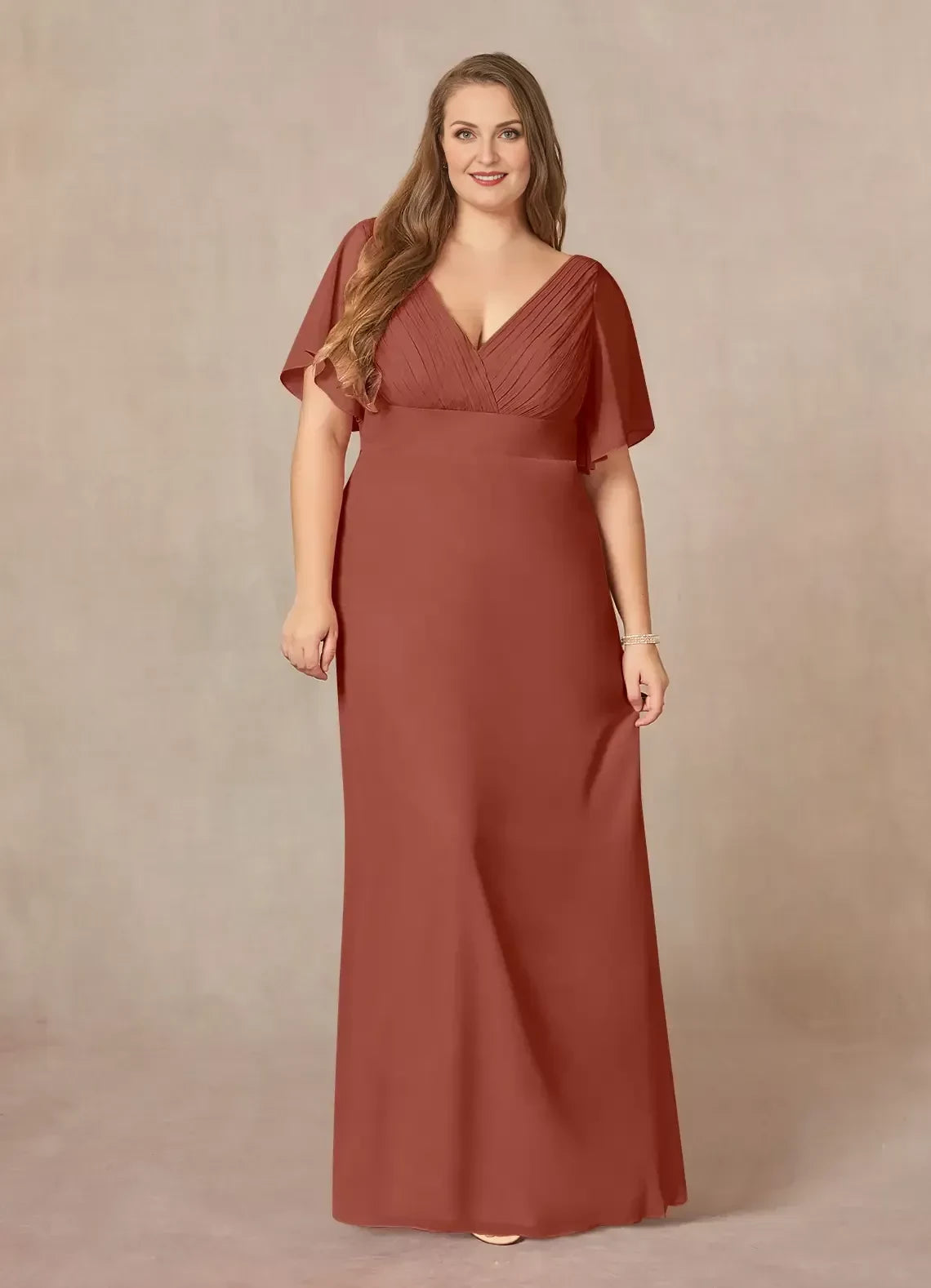 Elegant A Line V Neck Flutter Sleeve Zipper Back Plus Size Floor Length Mother of the Bride Dresses