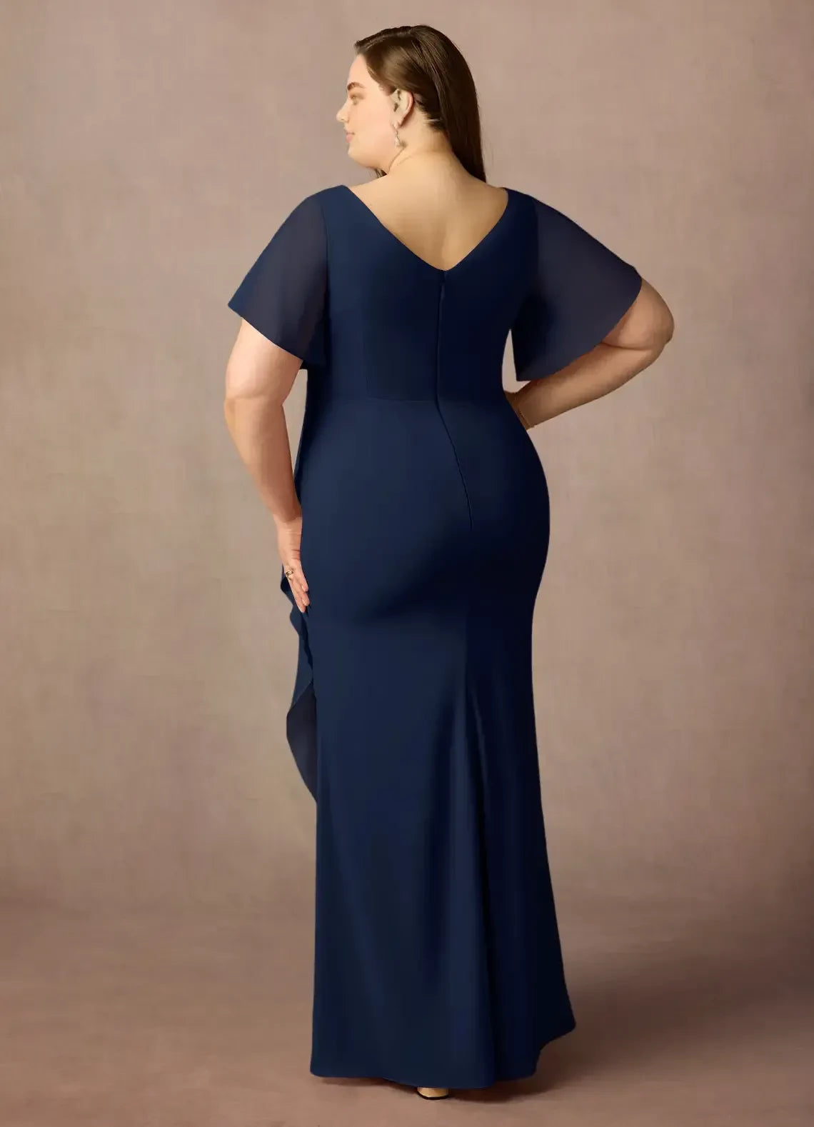 Elegant A Line V Neck Flutter Sleeve Zipper Back Plus Size Floor Length Mother of the Bride Dress