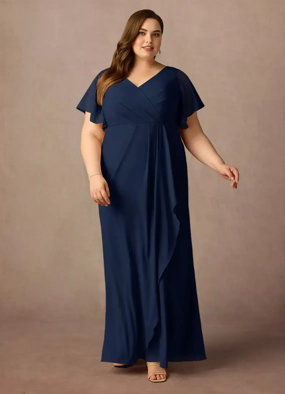 Elegant A Line V Neck Flutter Sleeve Zipper Back Plus Size Floor Length Mother of the Bride Dress