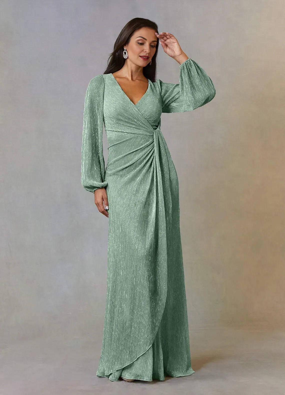 Elegant A Line V Neck Lantern Sleeve Zipper Back Floor Length Mother of the Bride Dress
