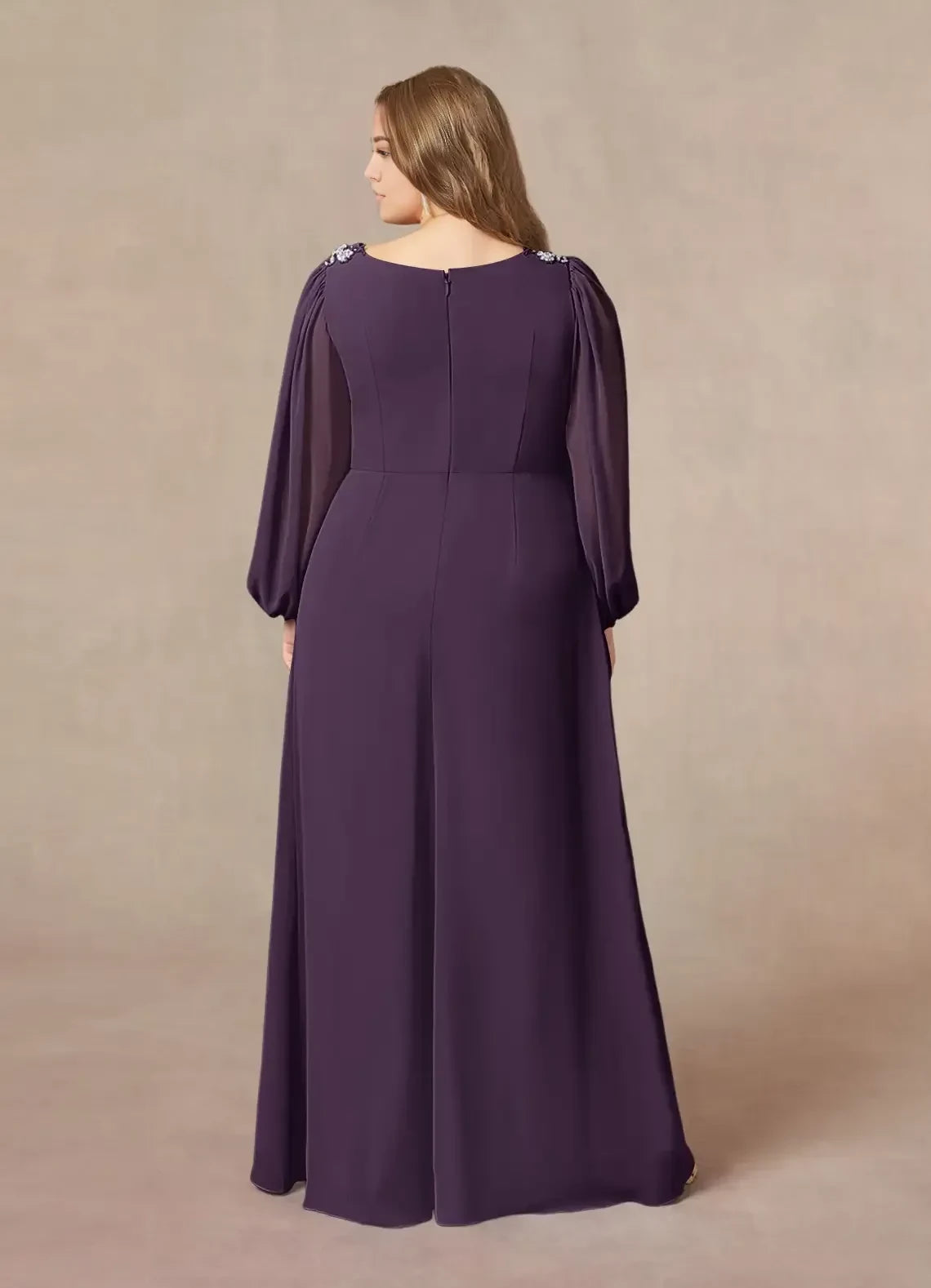 Elegant A Line V Neck Long Sleeve Zipper Back Plus Size Floor Length Mother of the Bride Dress