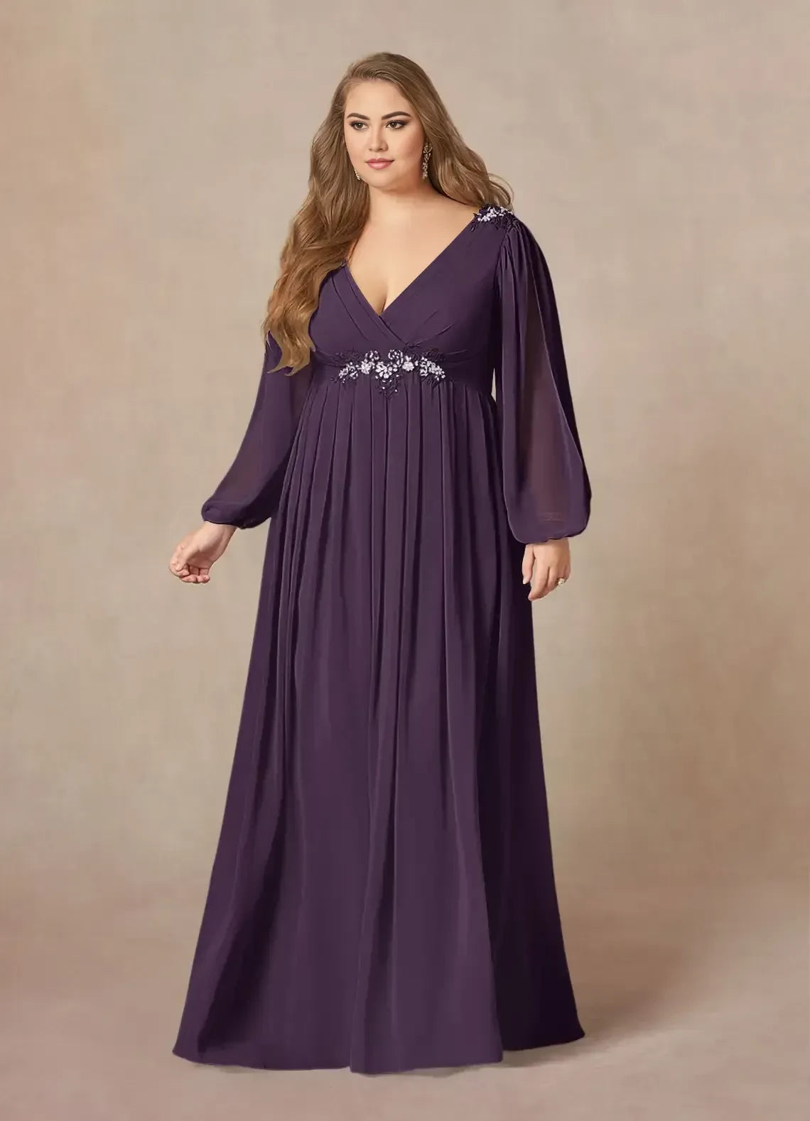 Elegant A Line V Neck Long Sleeve Zipper Back Plus Size Floor Length Mother of the Bride Dress
