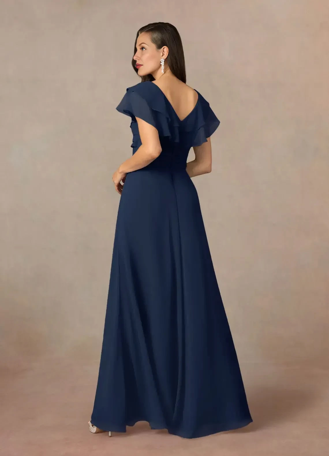 Elegant A Line V Neck Ruffled Sleeve Zip Back Floor Length Mother of the Bride Dress