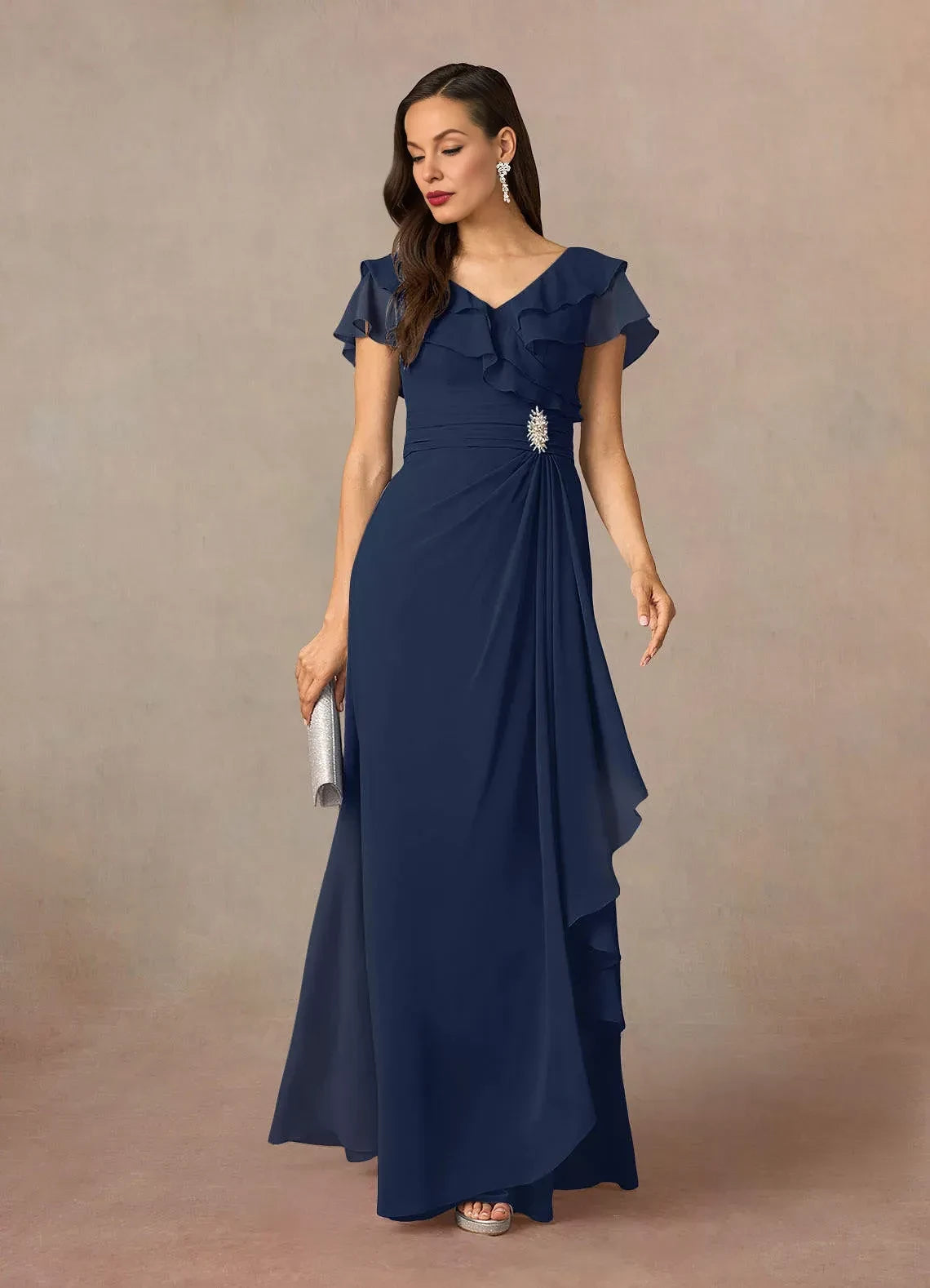 Elegant A Line V Neck Ruffled Sleeve Zip Back Floor Length Mother of the Bride Dress
