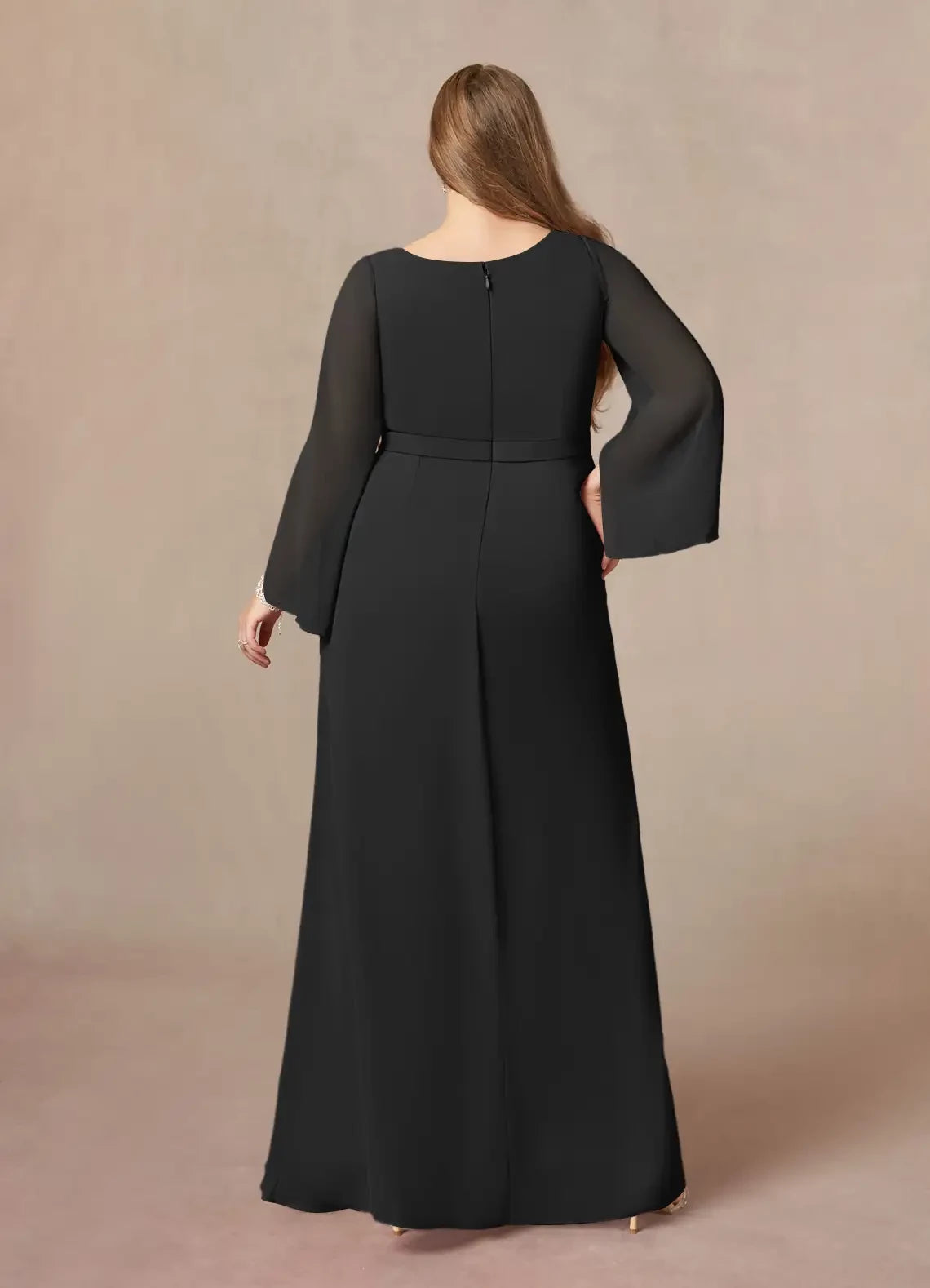 Elegant A Line V Neck Sheer Bell Sleeve Zip Back Plus Size Floor Length Mother of the Bride Dress