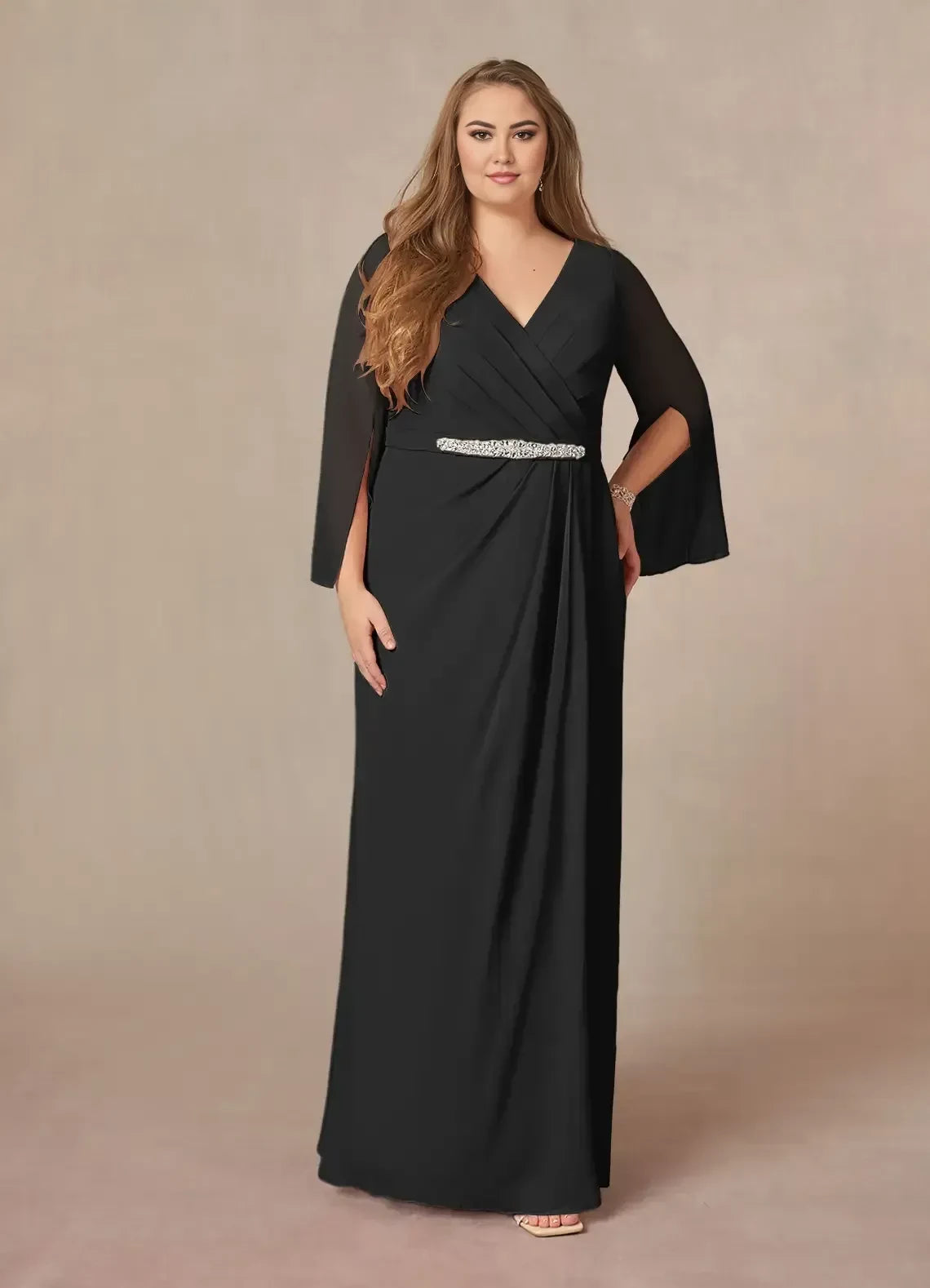 Elegant A Line V Neck Sheer Bell Sleeve Zip Back Plus Size Floor Length Mother of the Bride Dress