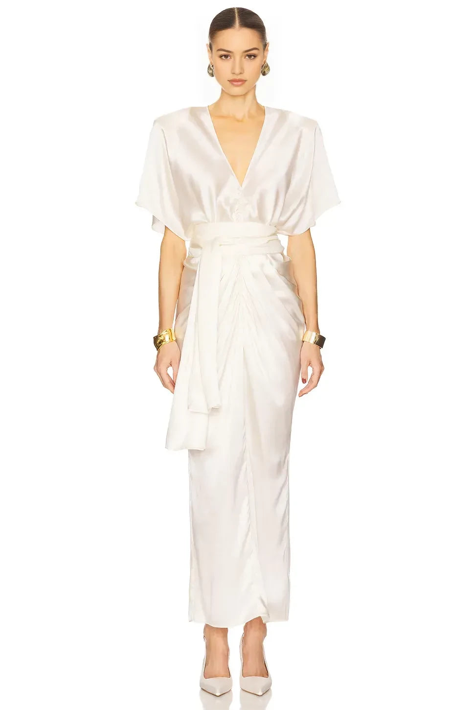 Elegant A Line V Neck Short Sleeve Tie Waist Floor Length Evening Dress