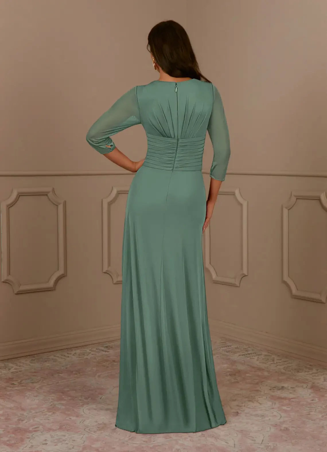 Elegant A Line V Neck Three Quarter Chiffon Sleeve Ruched Back Floor Length Mother of the Bride Dress