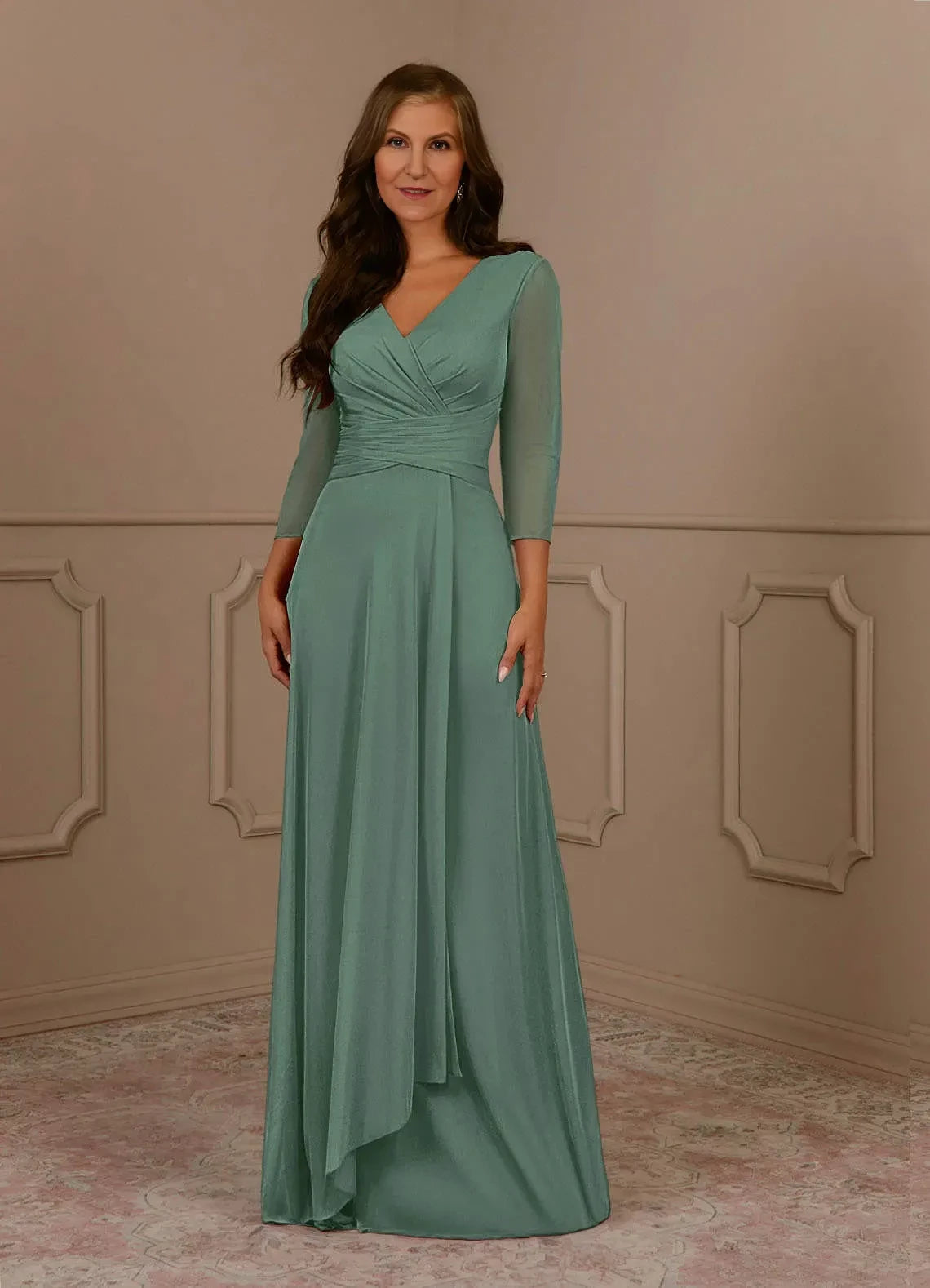 Elegant A Line V Neck Three Quarter Chiffon Sleeve Ruched Back Floor Length Mother of the Bride Dress