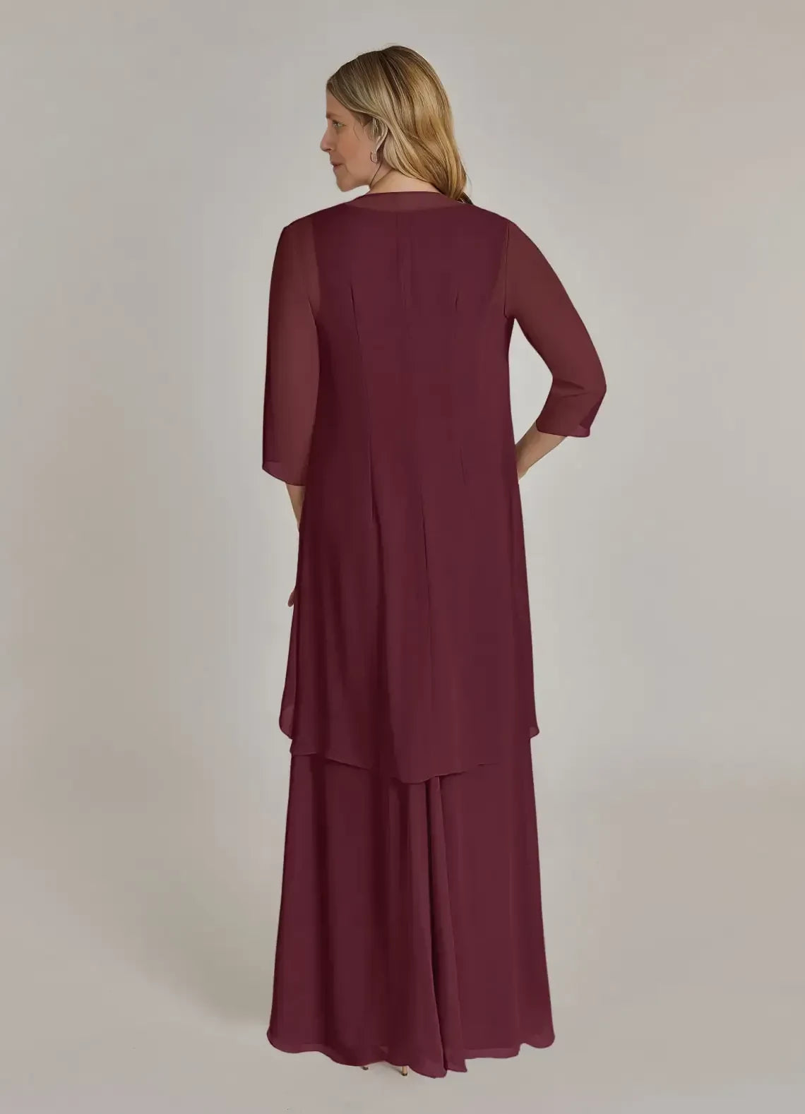 Elegant A Line V Neck Three Quarter Chiffon Sleeve Zip Back Floor Length Mother of the Bride Dress