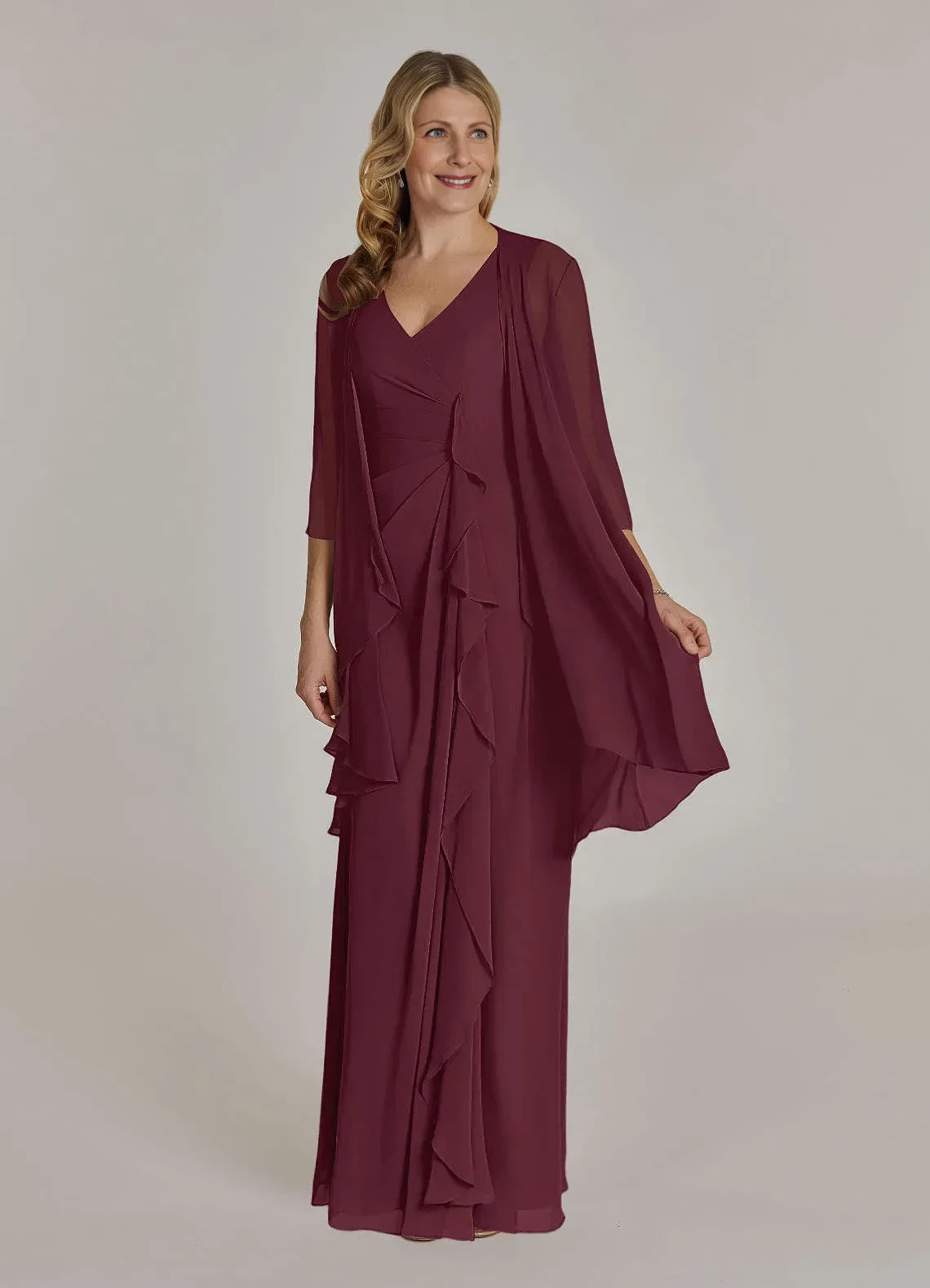 Elegant A Line V Neck Three Quarter Chiffon Sleeve Zip Back Floor Length Mother of the Bride Dress