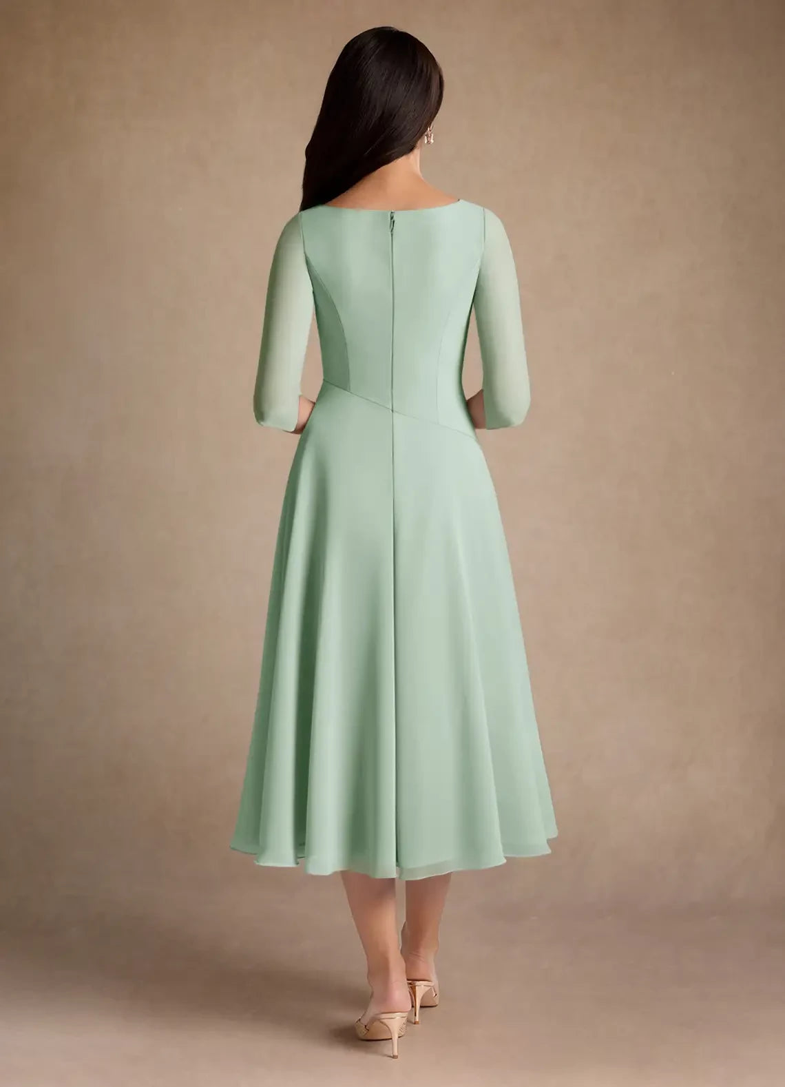 Elegant A Line V Neck Three Quarter Chiffon Sleeve Zip Back Midi Length Mother of the Bride Dress