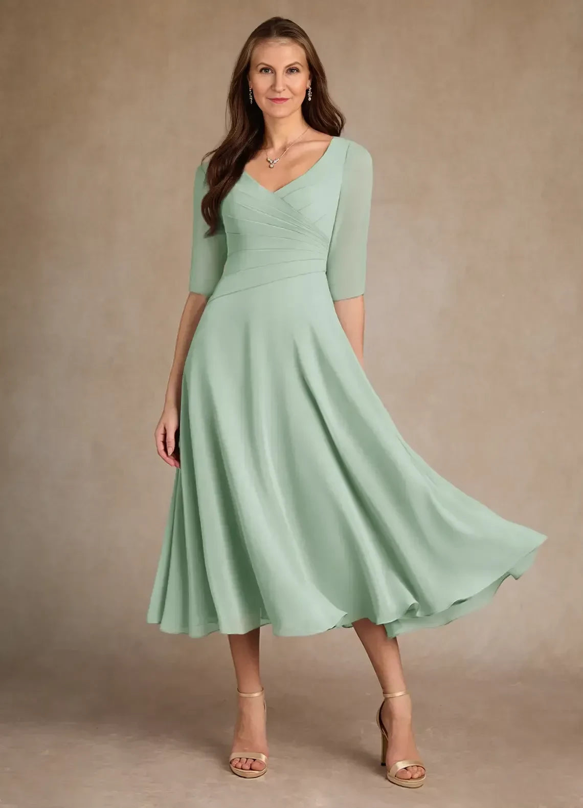 Elegant A Line V Neck Three Quarter Chiffon Sleeve Zip Back Midi Length Mother of the Bride Dress