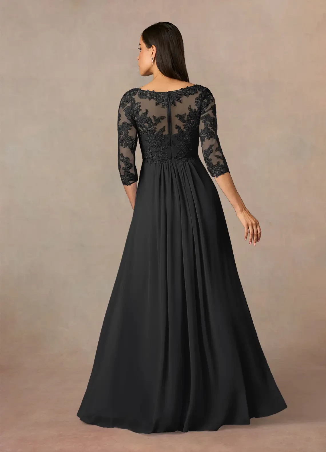 Elegant A Line V Neck Three Quarter Lace Sleeve Zip Back Floor Length Mother of the Bride Dress