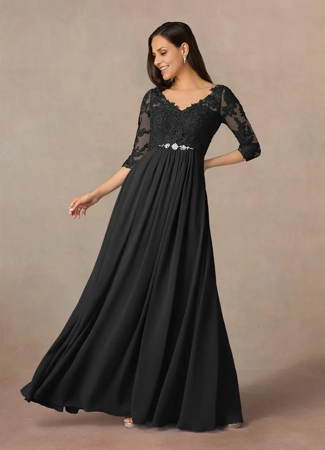 Elegant A Line V Neck Three Quarter Lace Sleeve Zip Back Floor Length Mother of the Bride Dress