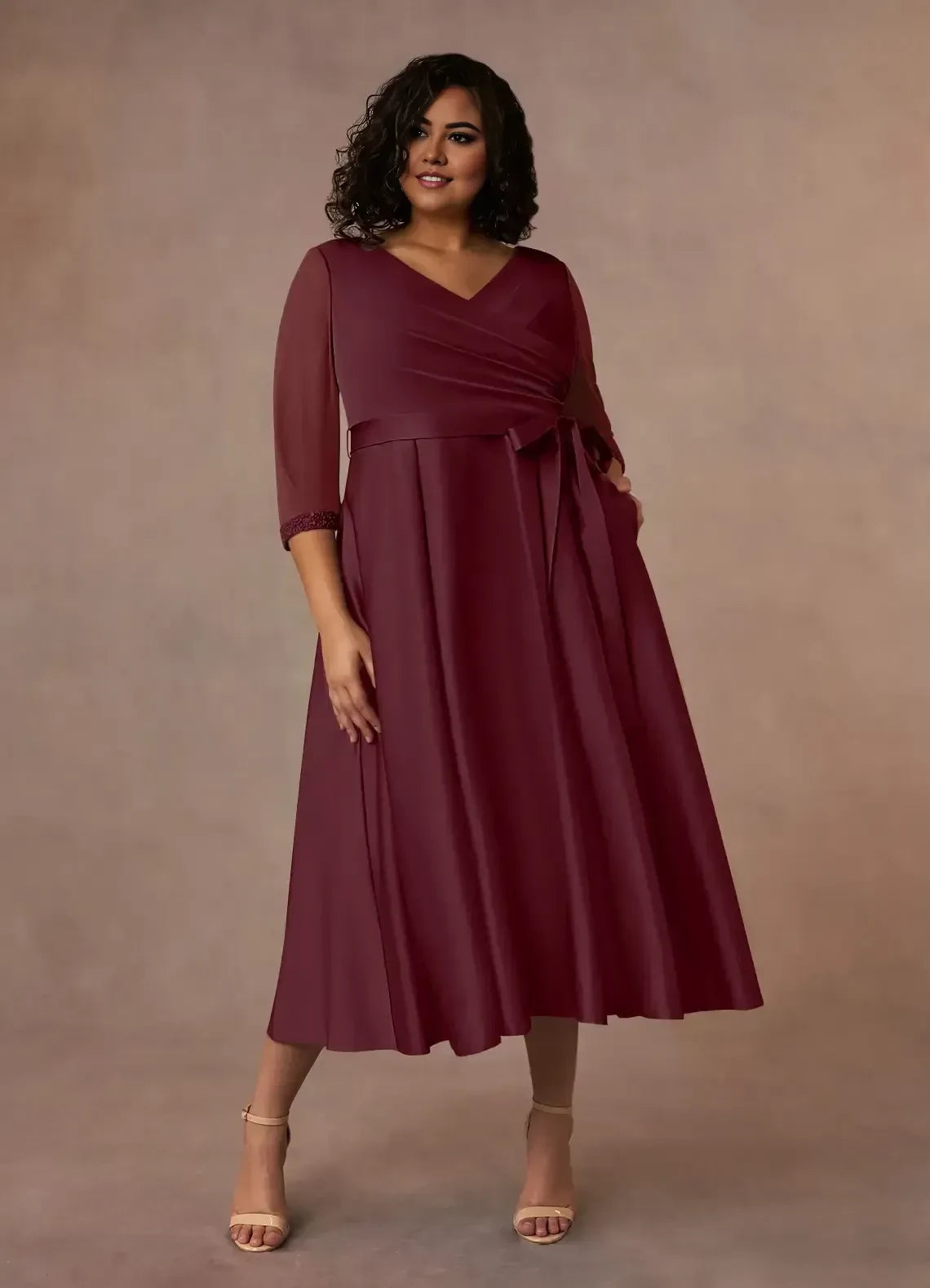 Elegant A Line V Neck Three Quarter Sleeve Zip Back Plus Size Midi Length Mother of the Bride Dress