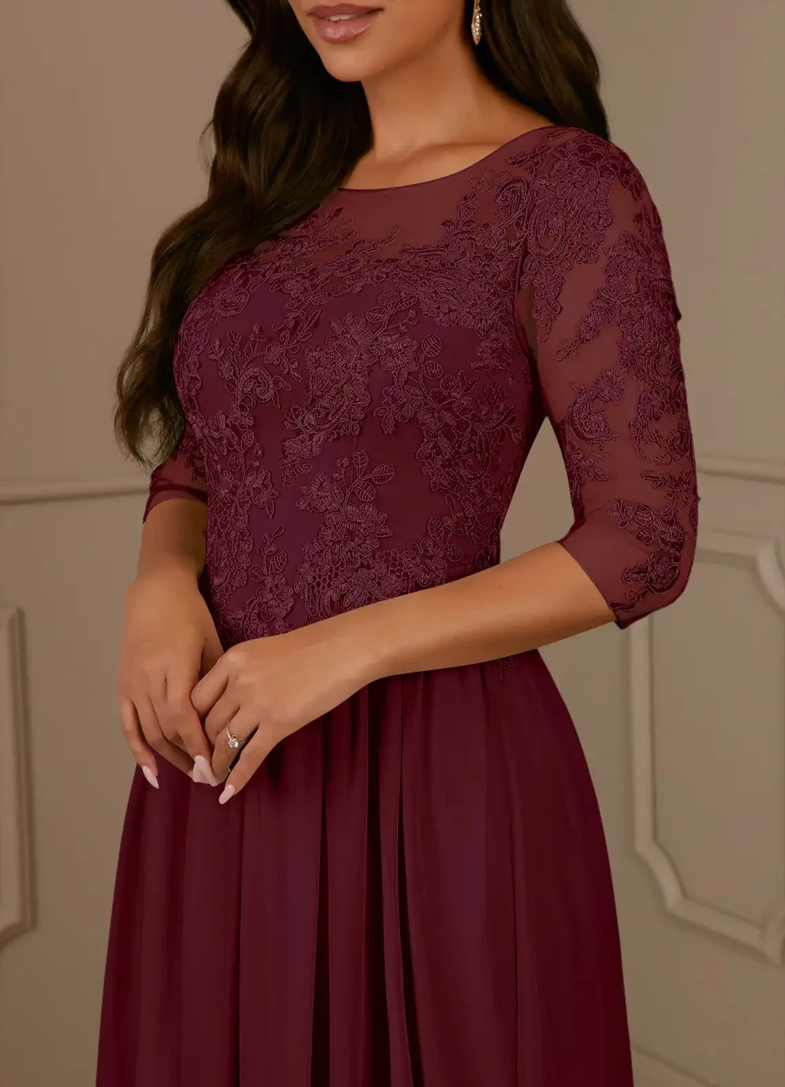 Elegant A line Crew Neck Three Quarter Sleeve Keyhole Back Floor Length Mother of the Bride Dress