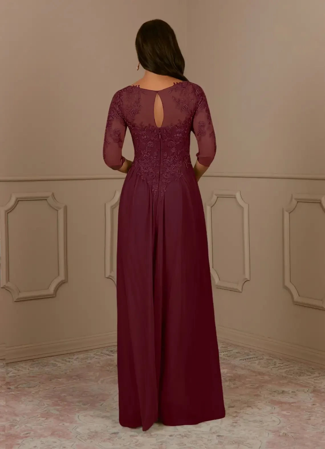 Elegant A line Crew Neck Three Quarter Sleeve Keyhole Back Floor Length Mother of the Bride Dress