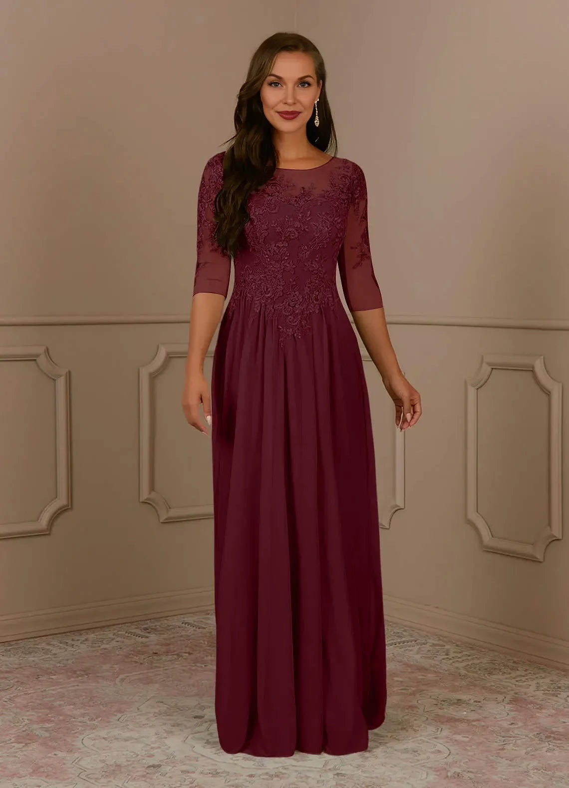 Elegant A line Crew Neck Three Quarter Sleeve Keyhole Back Floor Length Mother of the Bride Dress