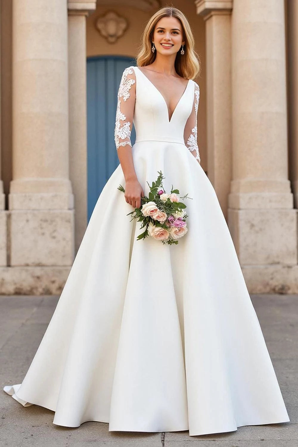 Elegant Deep V Neck Lace Three Quarter Sleeve V Back Floor Length Wedding Dress