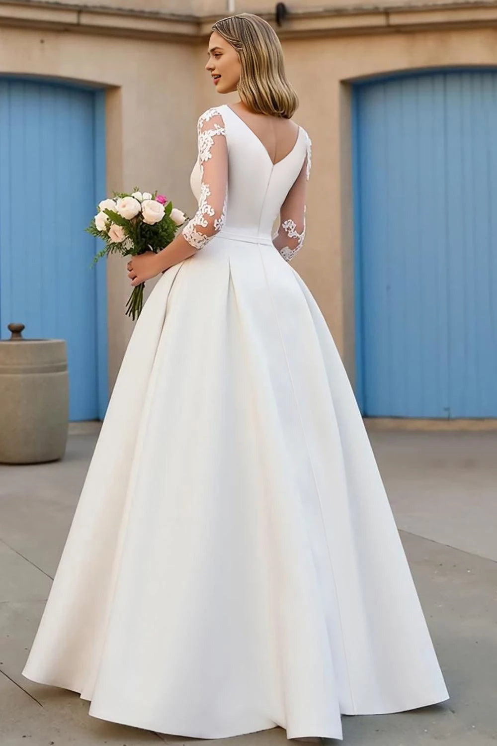 Elegant Deep V Neck Lace Three Quarter Sleeve V Back Floor Length Wedding Dress