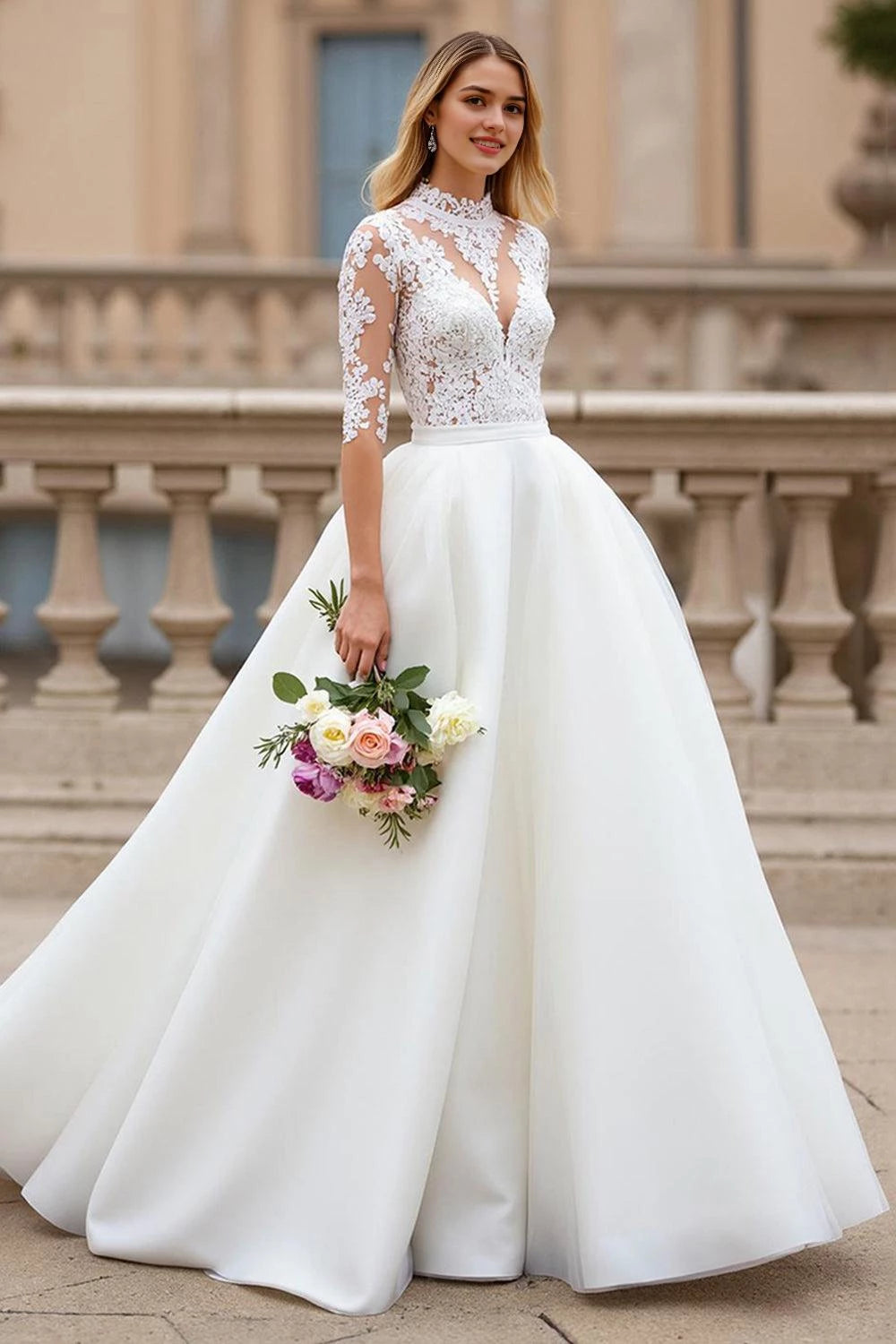 Elegant High Neck Lace Three Quarter Sleeve Button Back Floor Length Wedding Dress