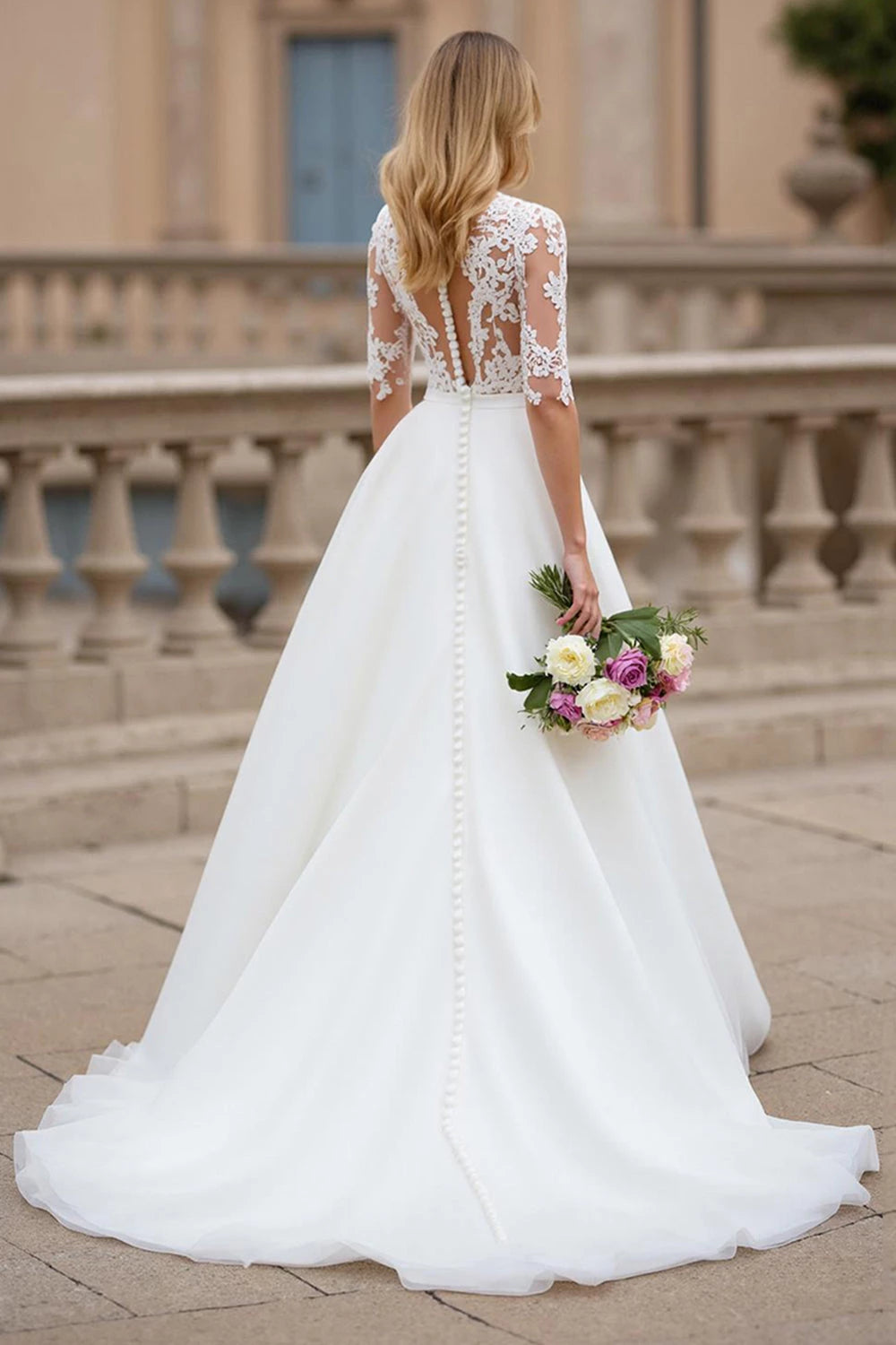 Elegant High Neck Lace Three Quarter Sleeve Button Back Floor Length Wedding Dress