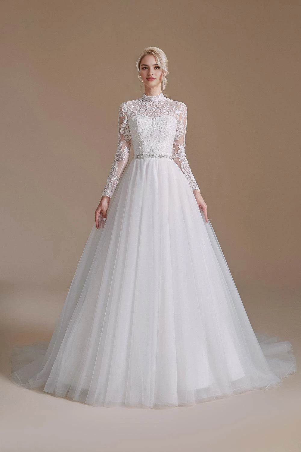 Elegant Ball Gown High Neck Long Sleeve Lace Back Maxi Wedding Dress