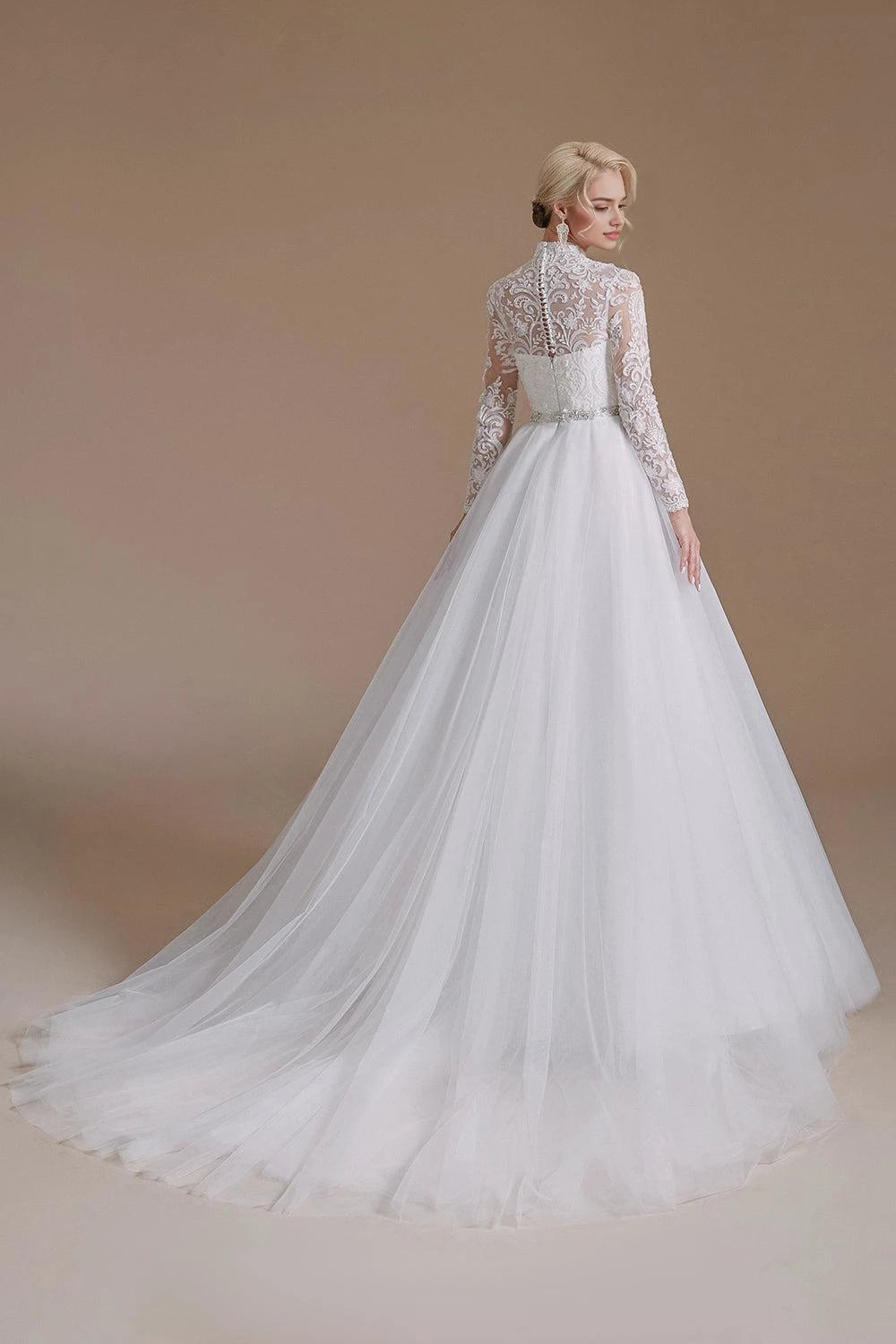 Elegant Ball Gown High Neck Long Sleeve Lace Back Maxi Wedding Dress