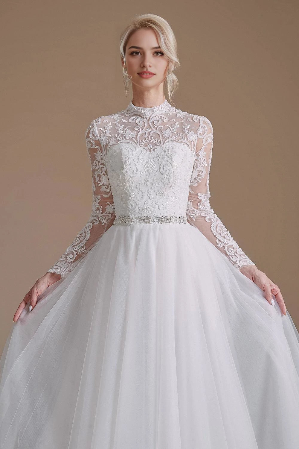 Elegant Ball Gown High Neck Long Sleeve Lace Back Maxi Wedding Dress
