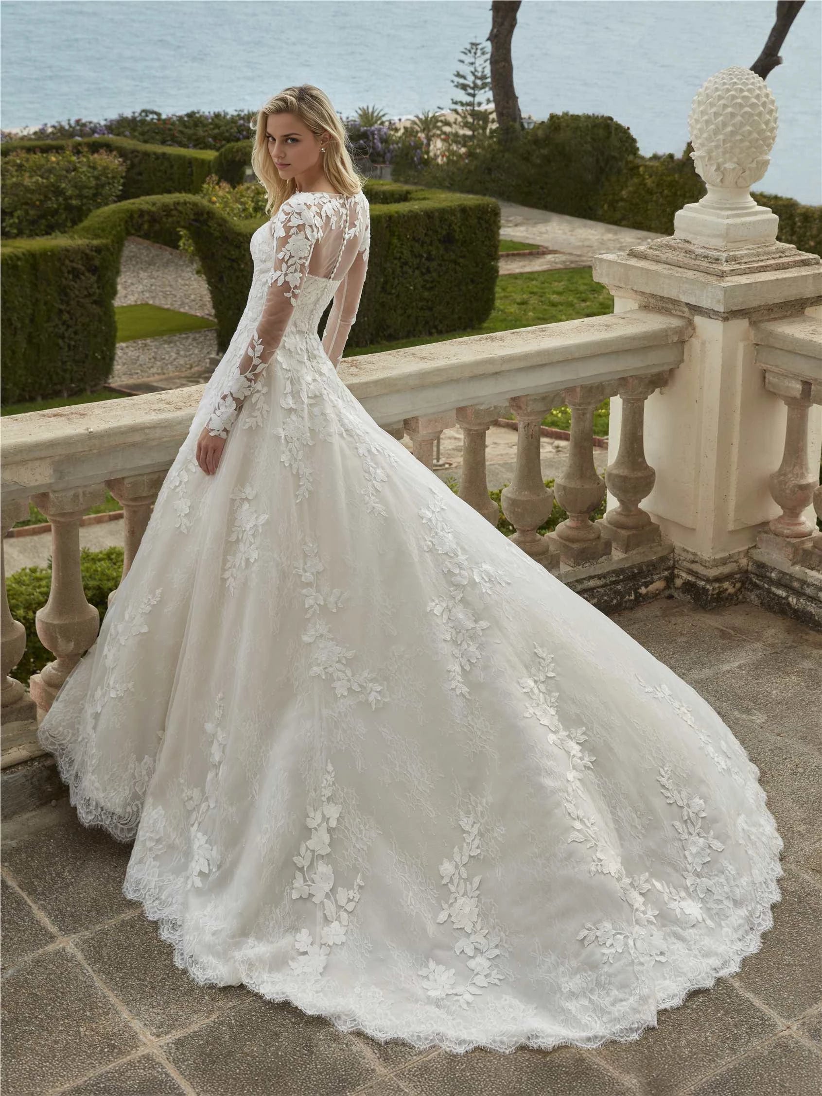 Elegant Ball Gown High Neck Long Sleeve Lace Up Back Floor Length Wedding Dress