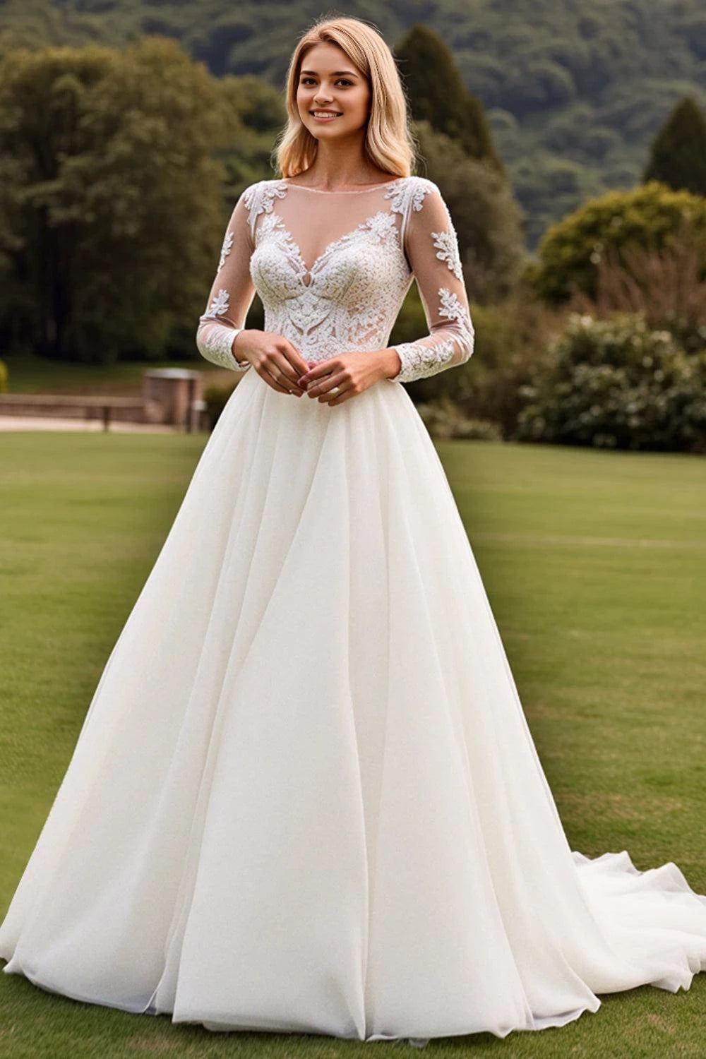 Elegant Ball Gown Illusion Neck Lace Long Sleeve Lace Back Floor Length Wedding Dress