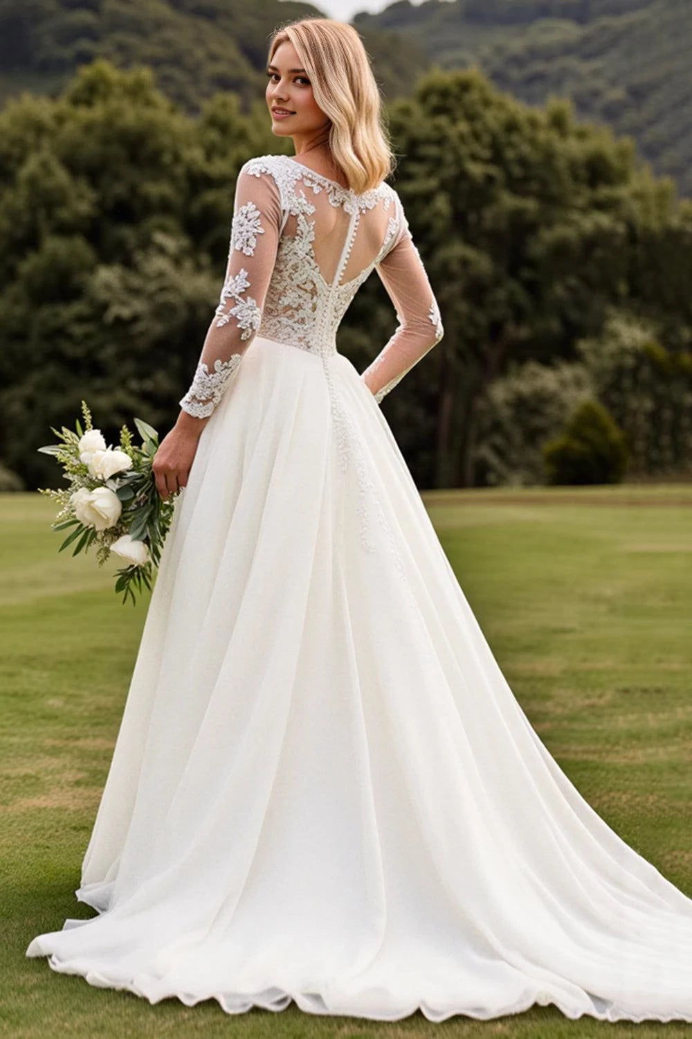 Elegant Ball Gown Illusion Neck Lace Long Sleeve Lace Back Floor Length Wedding Dress
