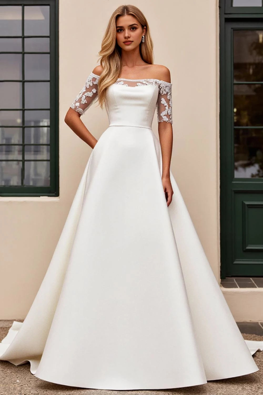 Elegant Ball Gown Off Shoulder Lace Short Sleeve Zipper Back Floor Length Wedding Dress