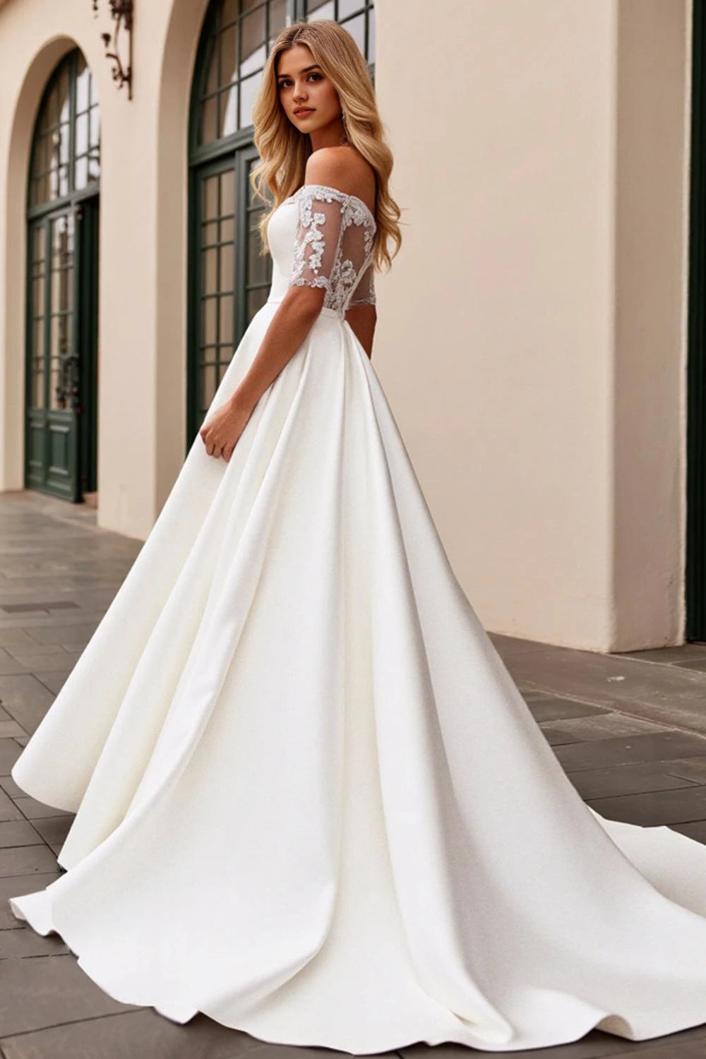 Elegant Ball Gown Off Shoulder Lace Short Sleeve Zipper Back Floor Length Wedding Dress