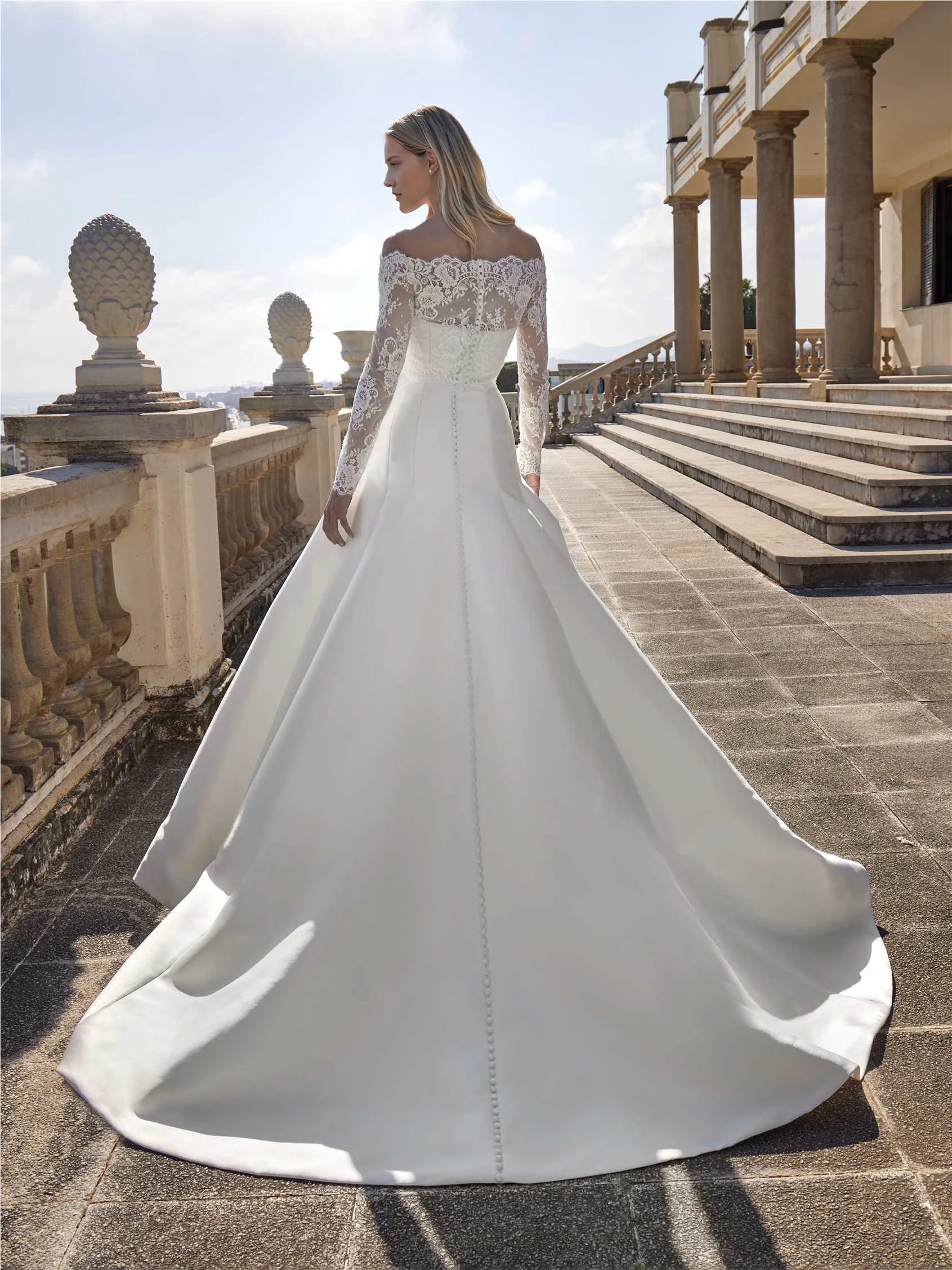 Elegant Ball Gown Off The Shoulder Lace Long Sleeve Button Back Floor Length Wedding Dress