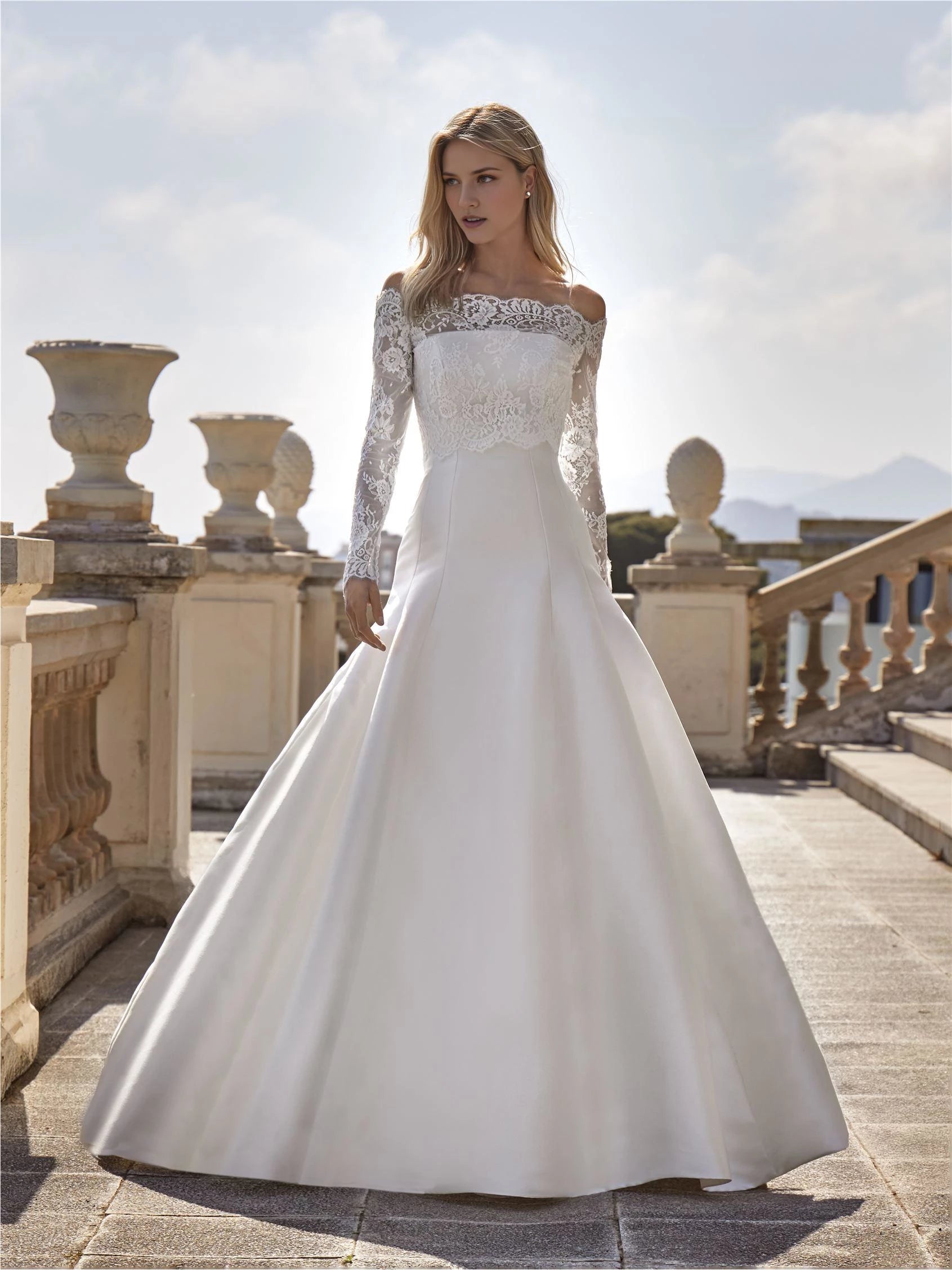 Elegant Ball Gown Off The Shoulder Lace Long Sleeve Button Back Floor Length Wedding Dress